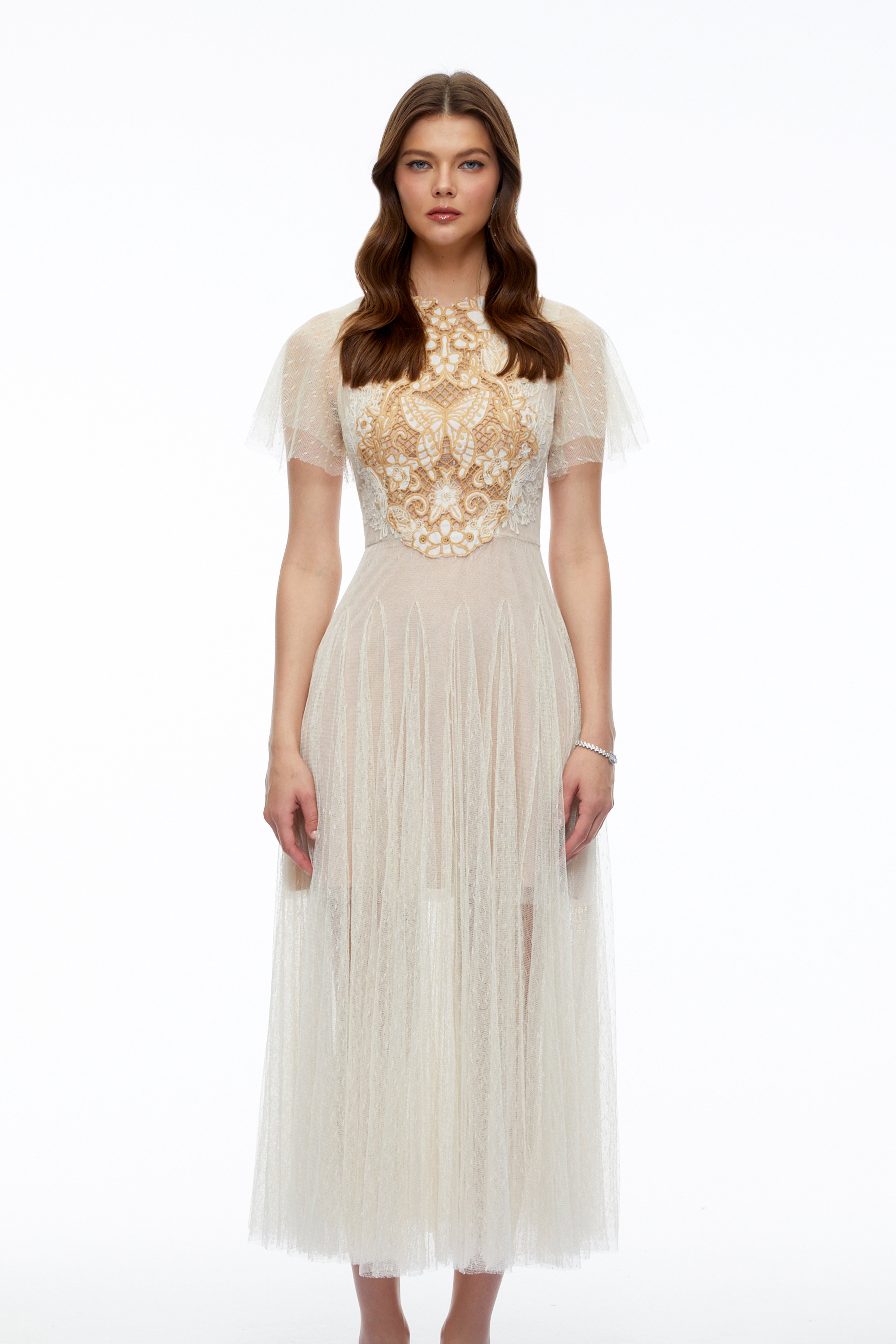 Nicolette Neutral Floral Applique Pleated Tulle Midi Dress