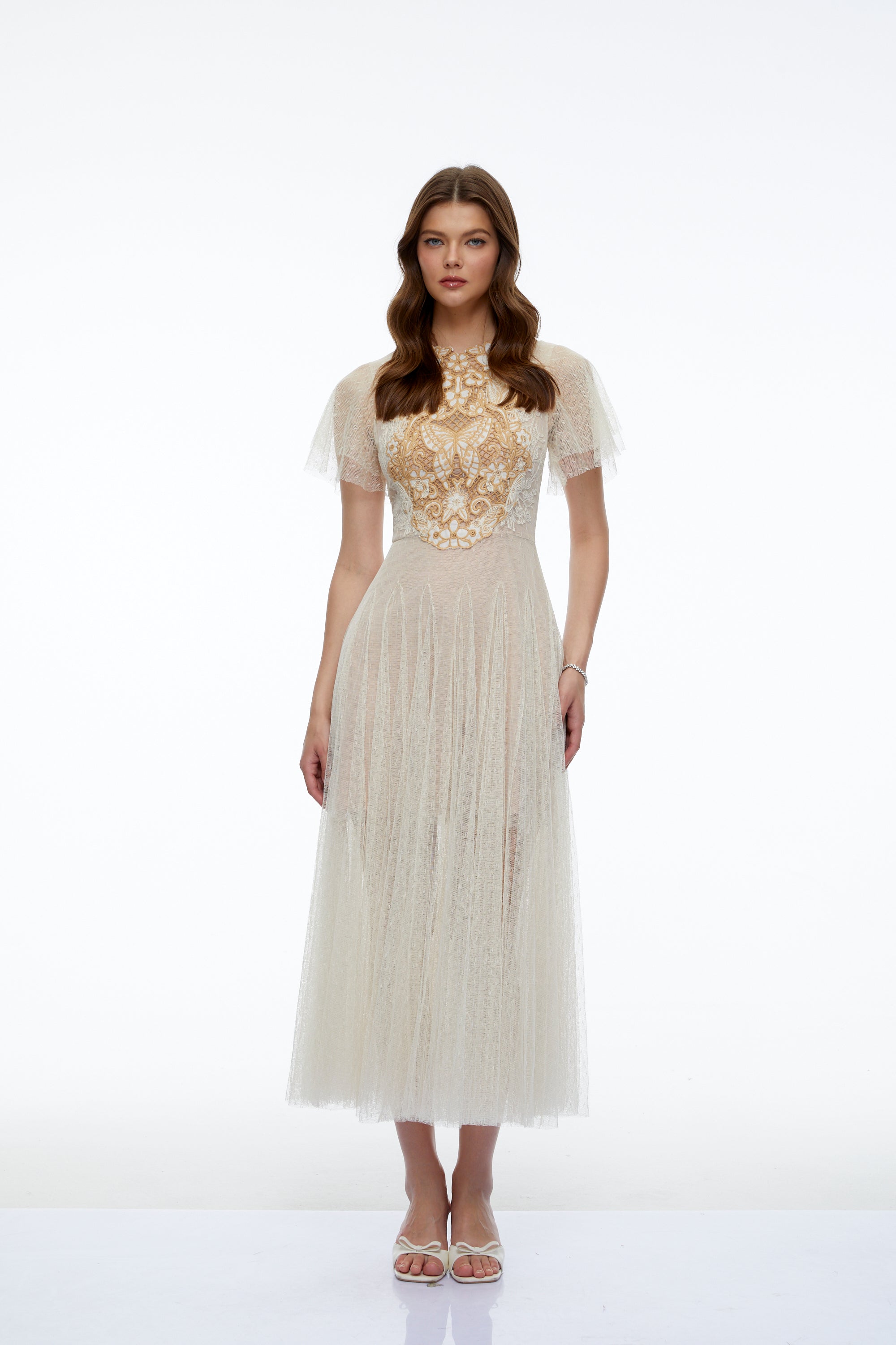 Nicolette Neutral Floral Applique Pleated Tulle Midi Dress