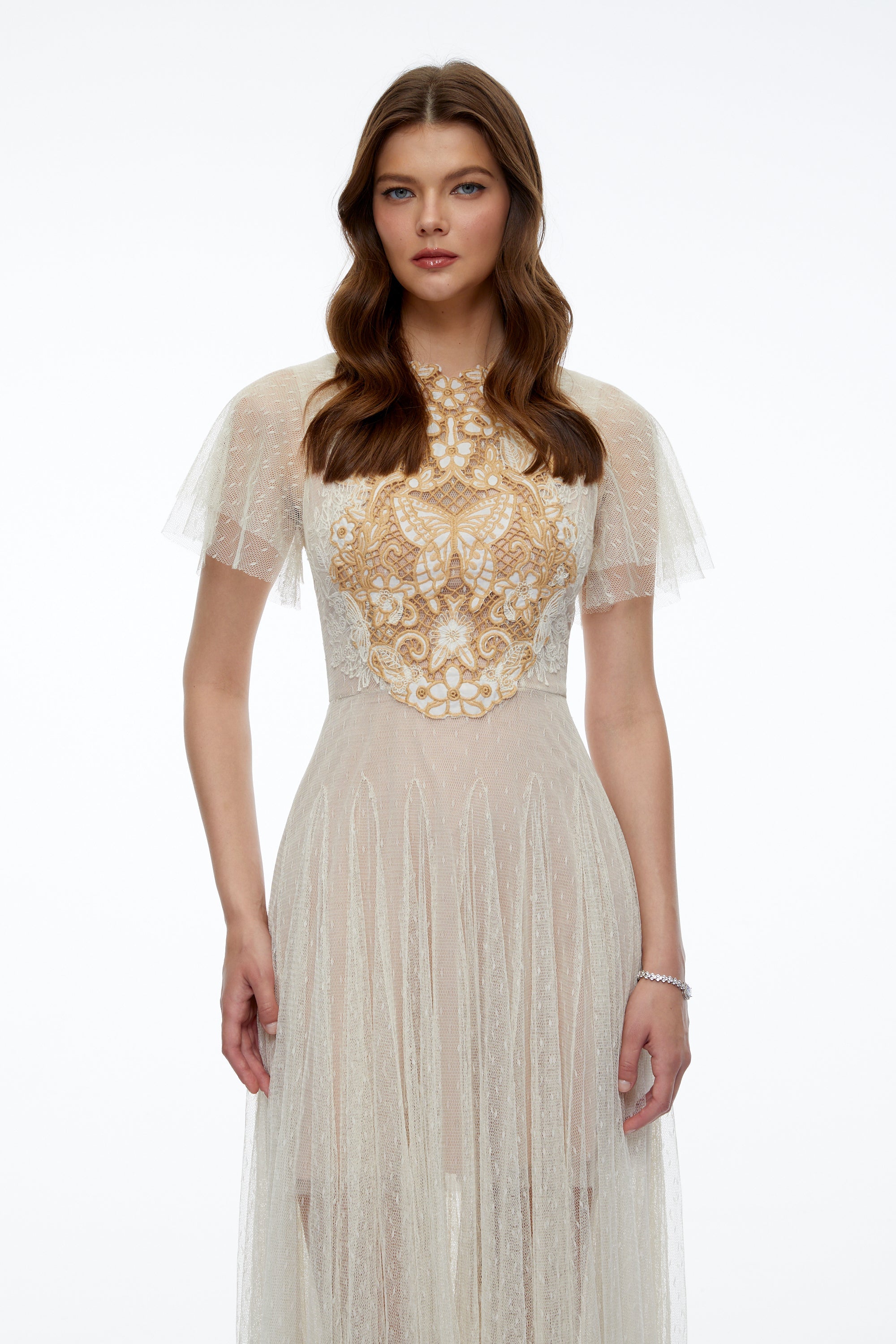 Nicolette Neutral Floral Applique Pleated Tulle Midi Dress