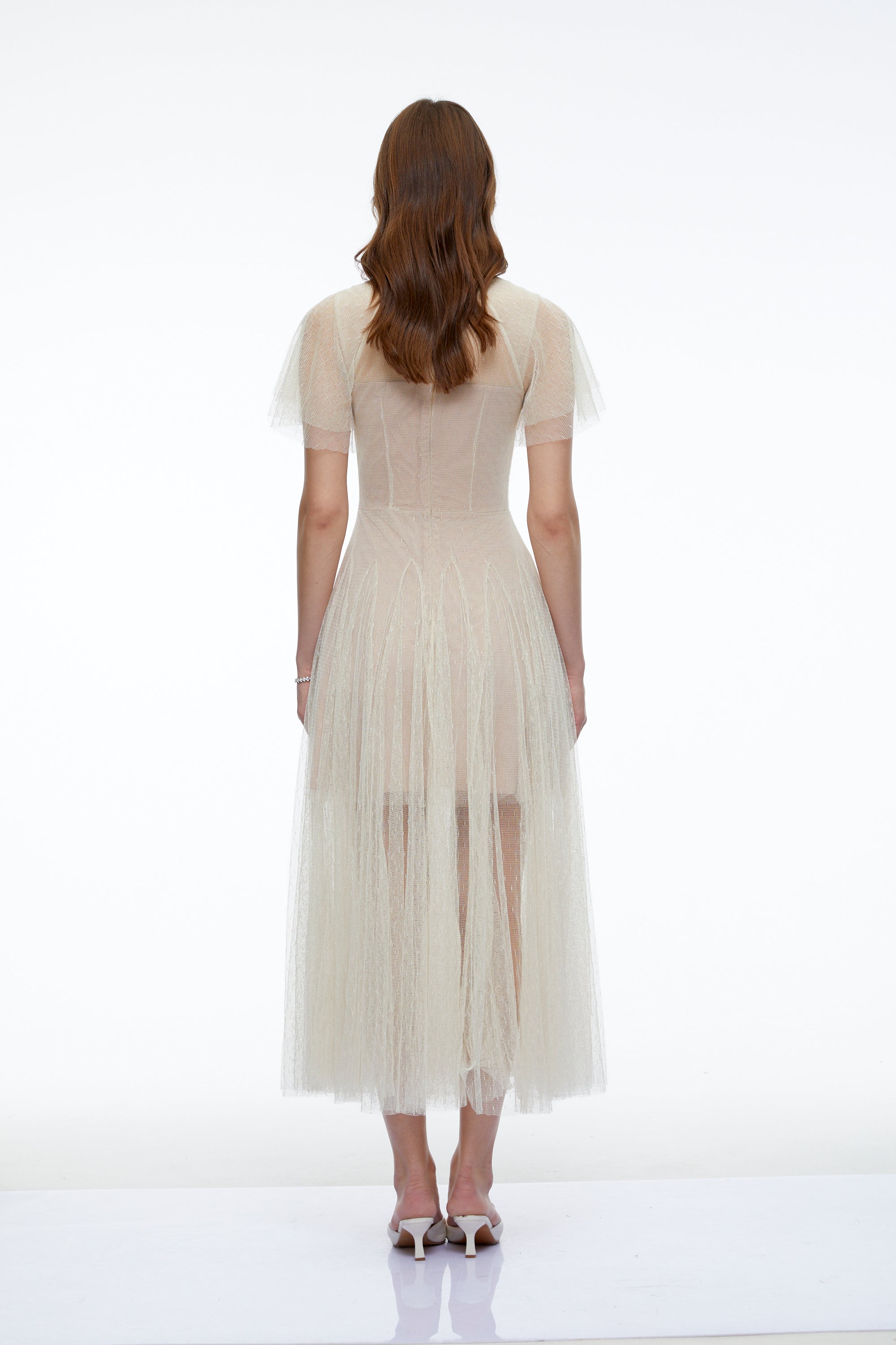 Nicolette Neutral Floral Applique Pleated Tulle Midi Dress