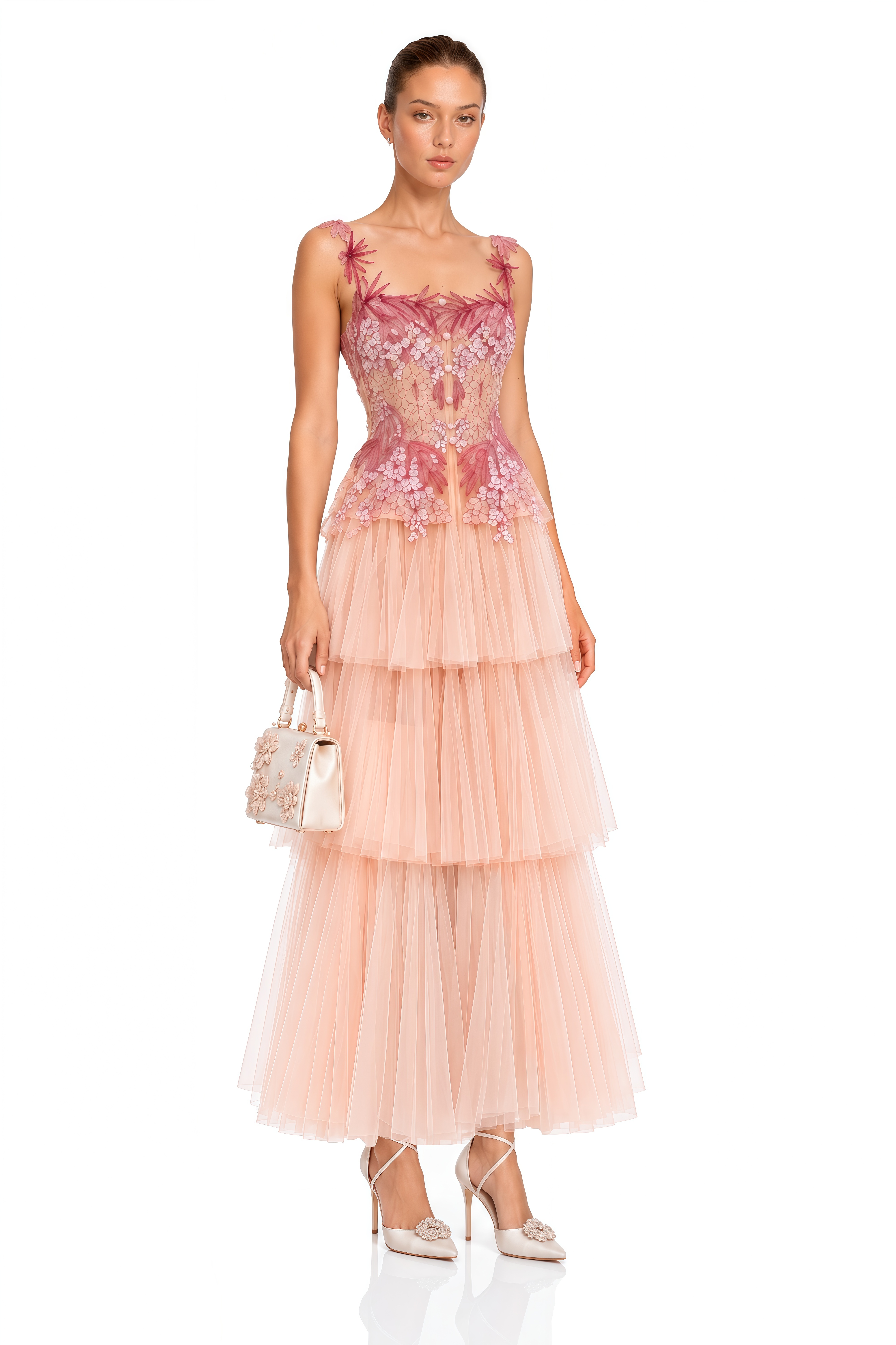 Nikola Pink Tiered Maxi Dress with 3D Florals