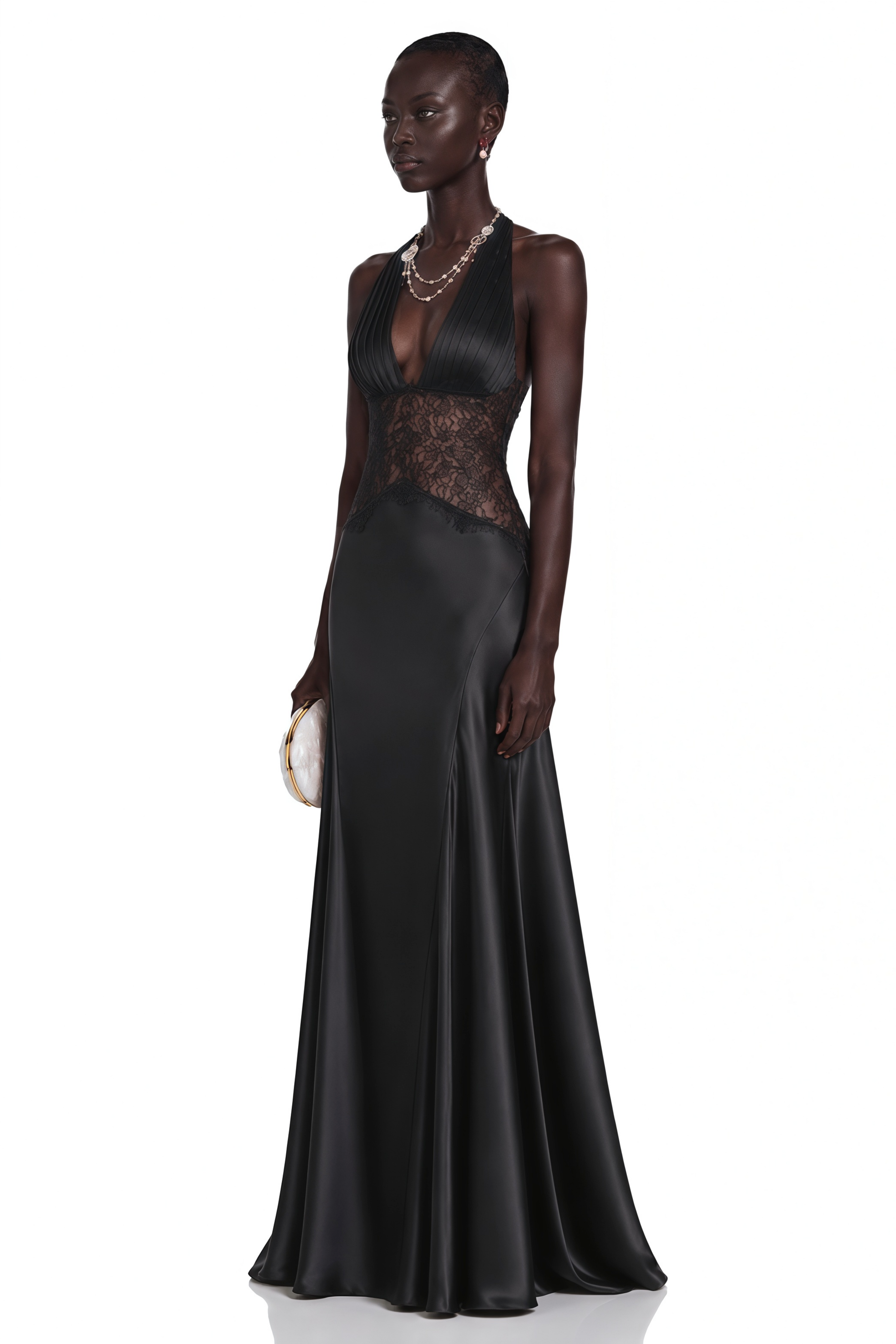 Black halter neck satin maxi gown with lace bodice panel