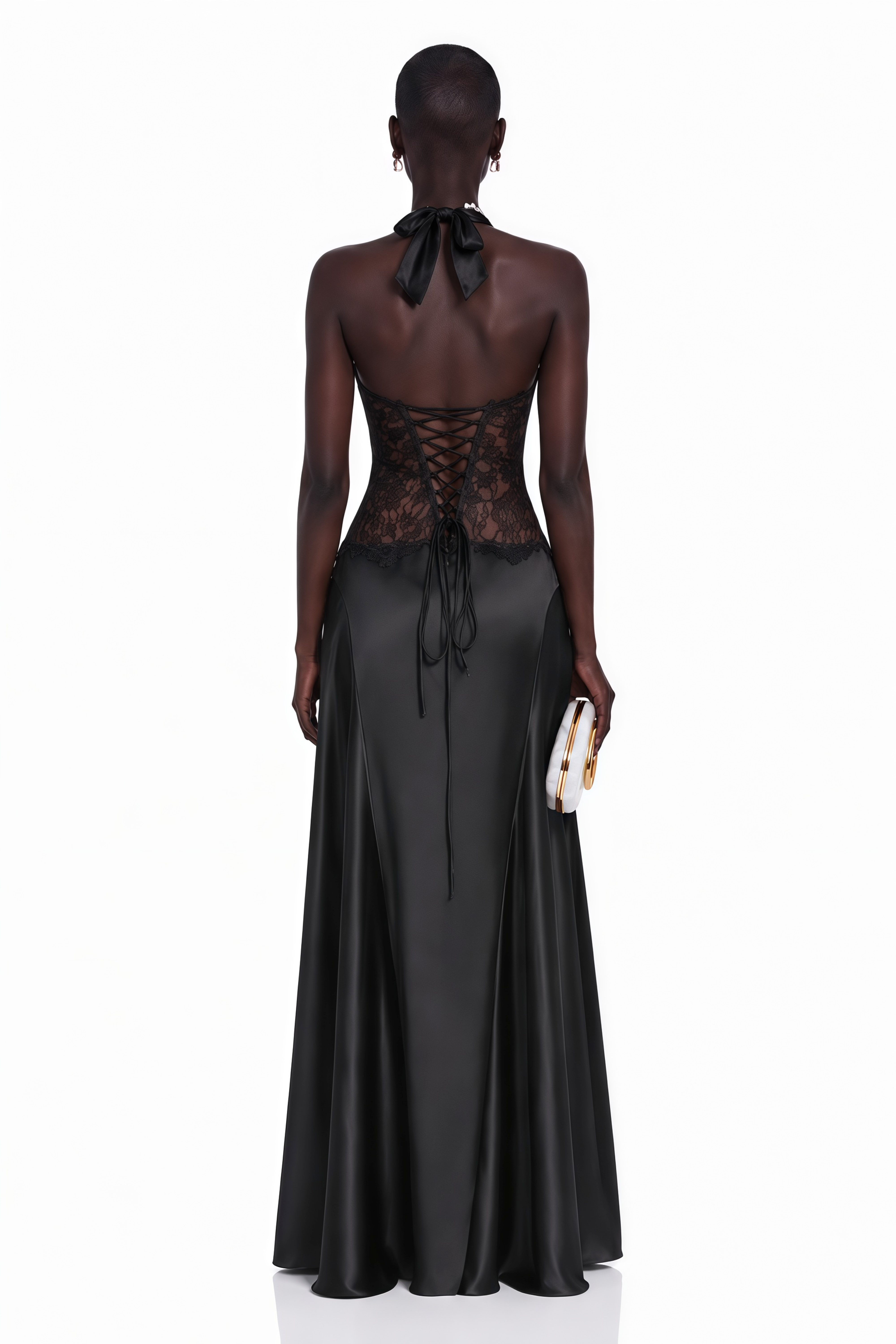 Black halter neck satin maxi gown with lace bodice panel