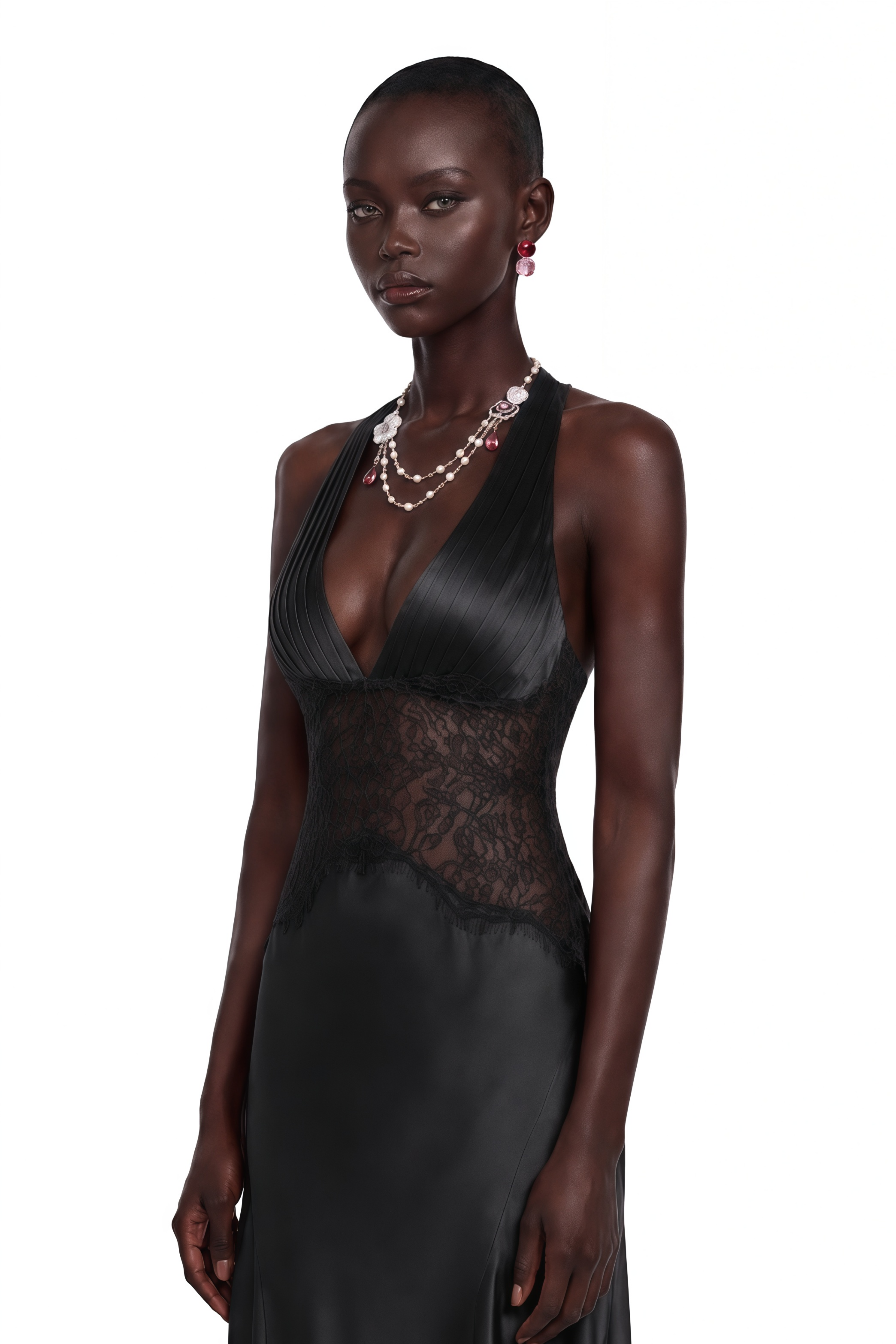 Black halter neck satin maxi gown with lace bodice panel