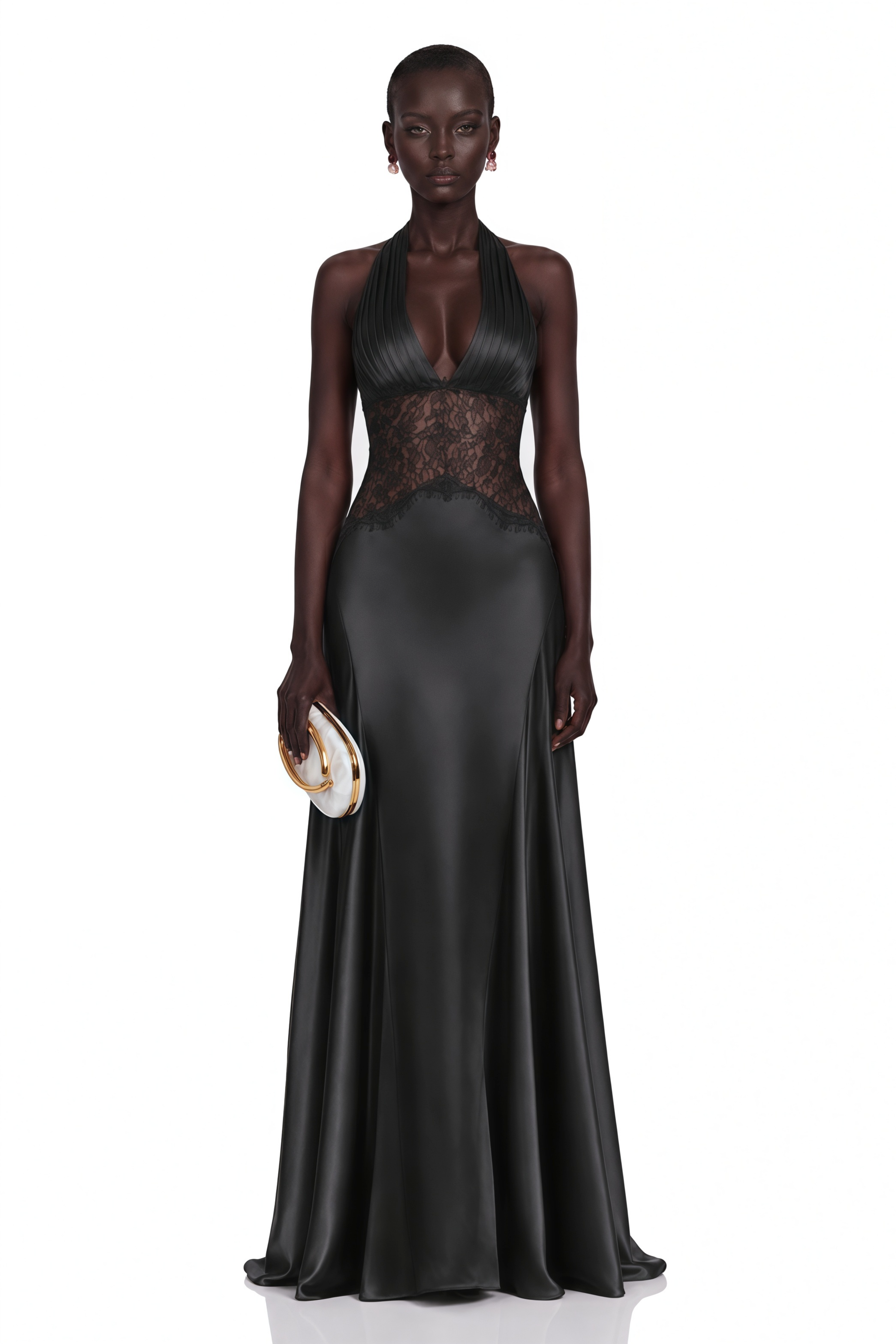 Black halter neck satin maxi gown with lace bodice panel