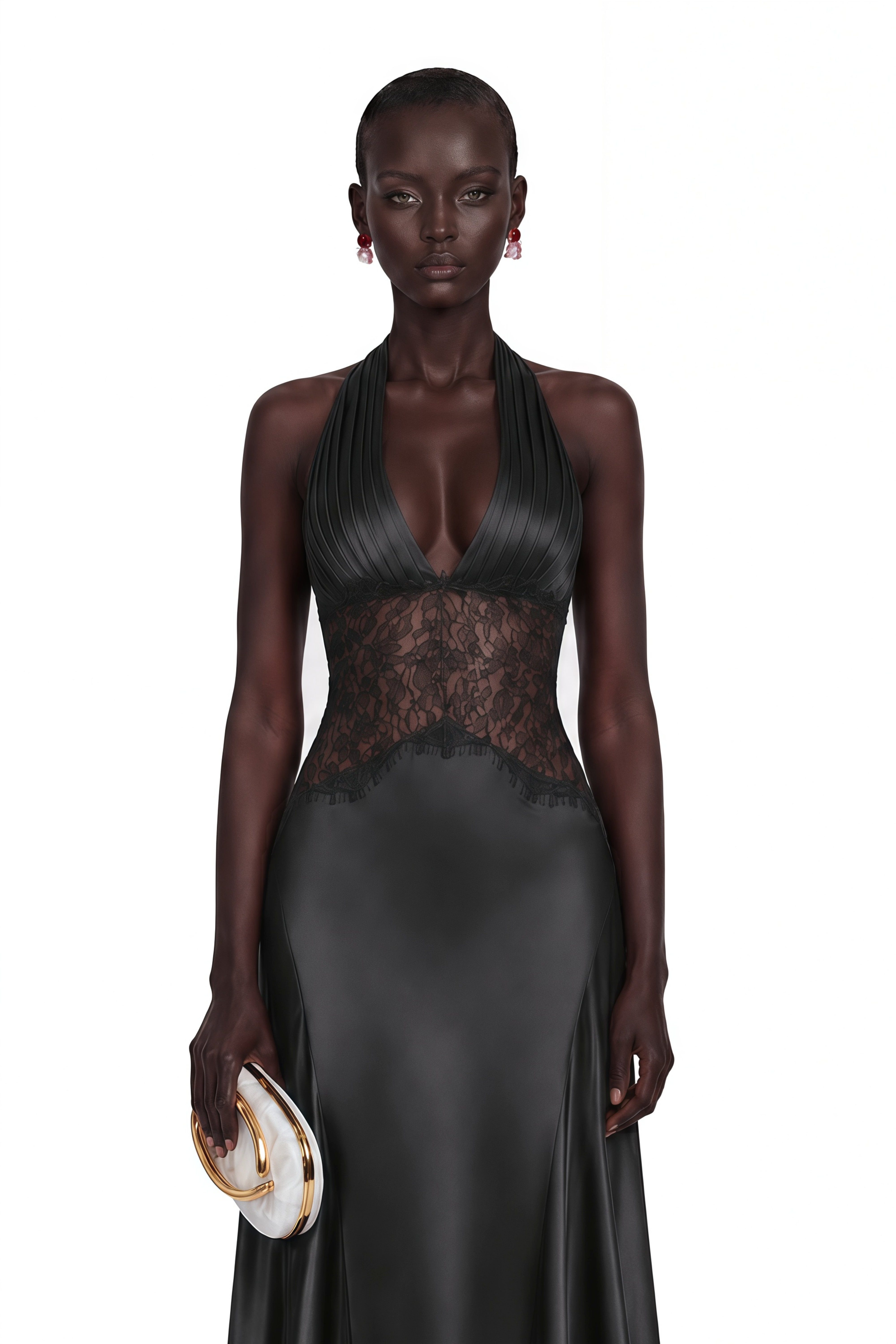 Black halter neck satin maxi gown with lace bodice panel