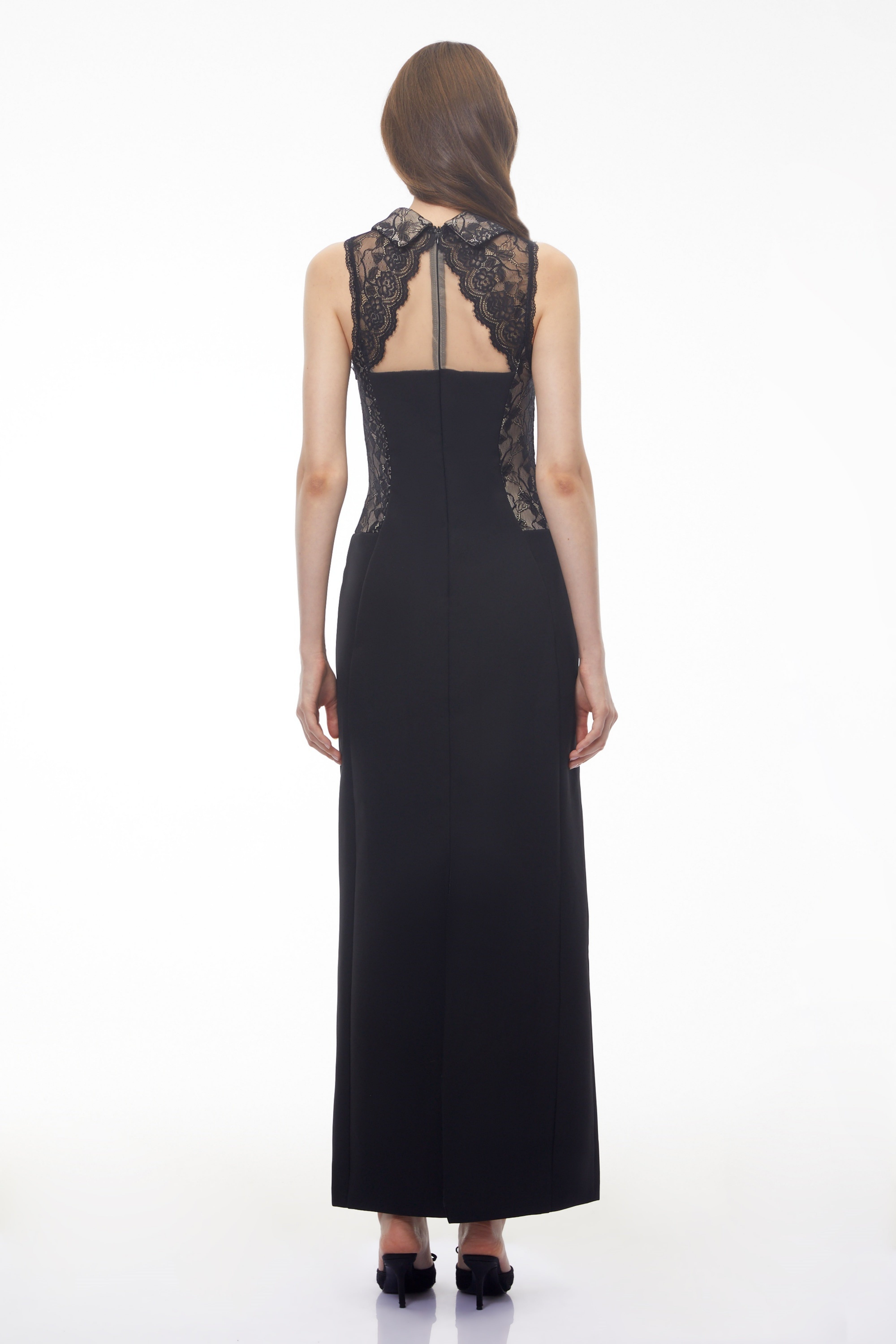 Black Maxi Dress with High Halter Neck and Sheer Lace Overlay on Bodice