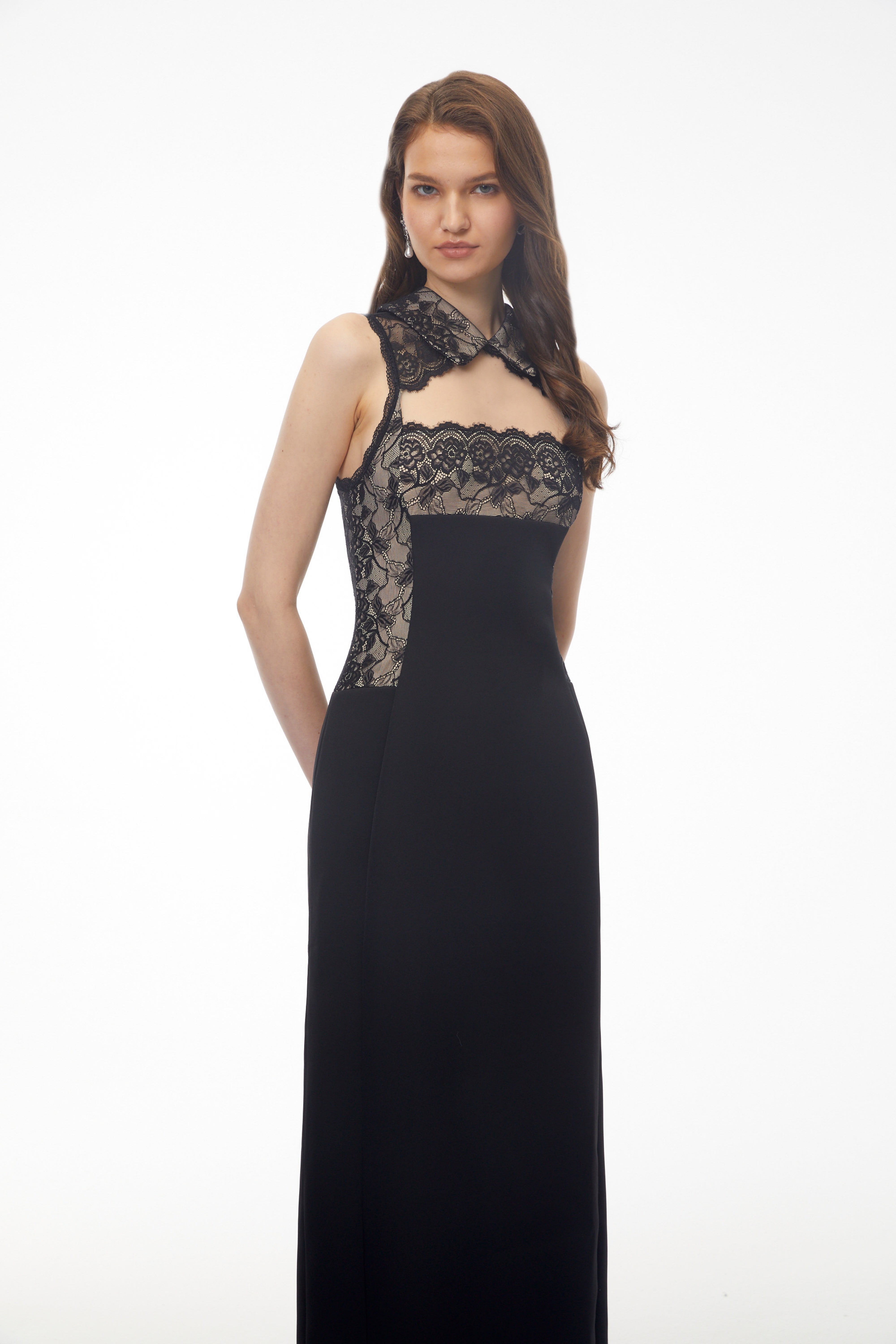 Black Maxi Dress with High Halter Neck and Sheer Lace Overlay on Bodice