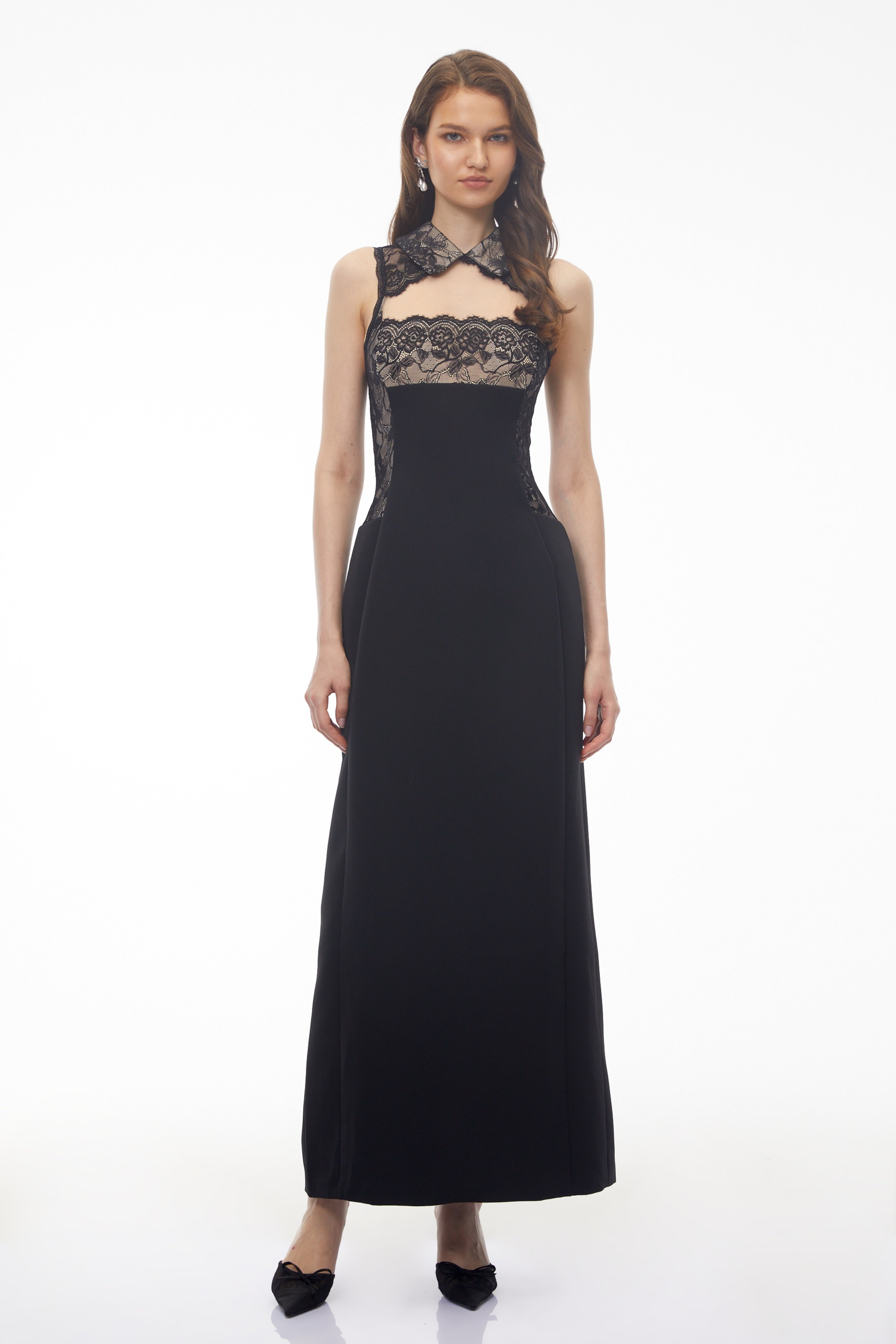 Black Maxi Dress with High Halter Neck and Sheer Lace Overlay on Bodice