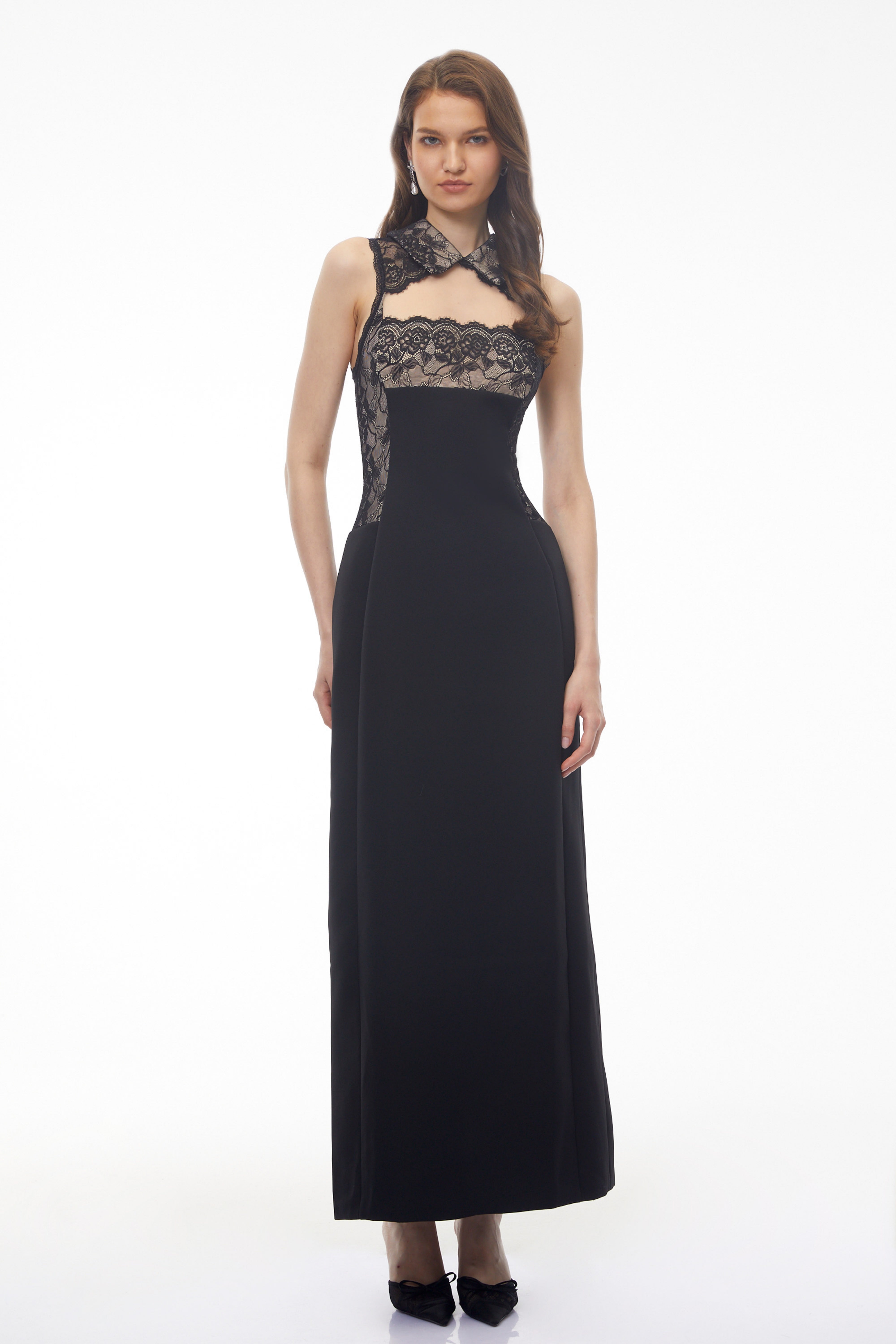 Black Maxi Dress with High Halter Neck and Sheer Lace Overlay on Bodice