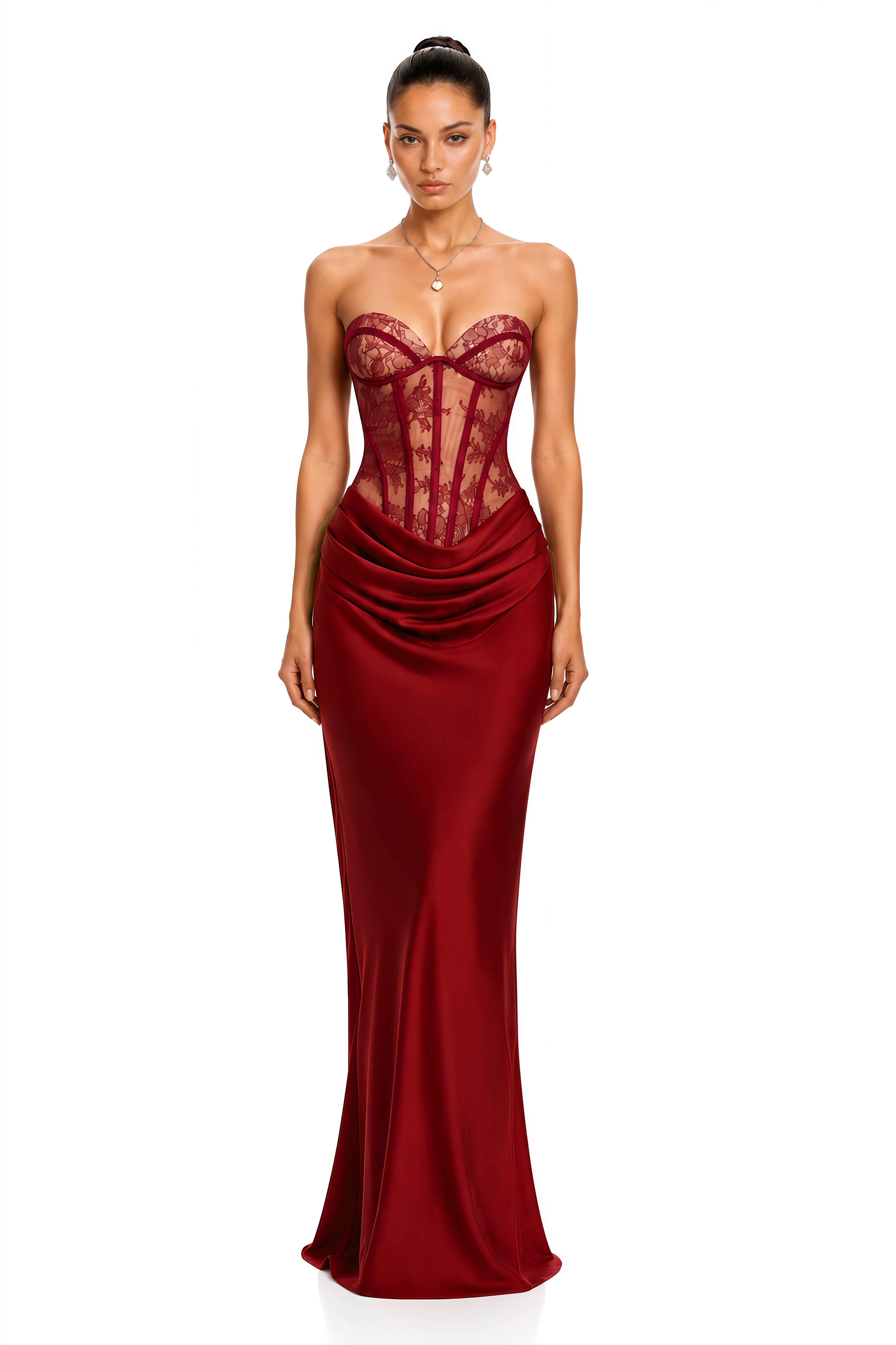 Burgundy strapless corset gown with a draped satin skirt