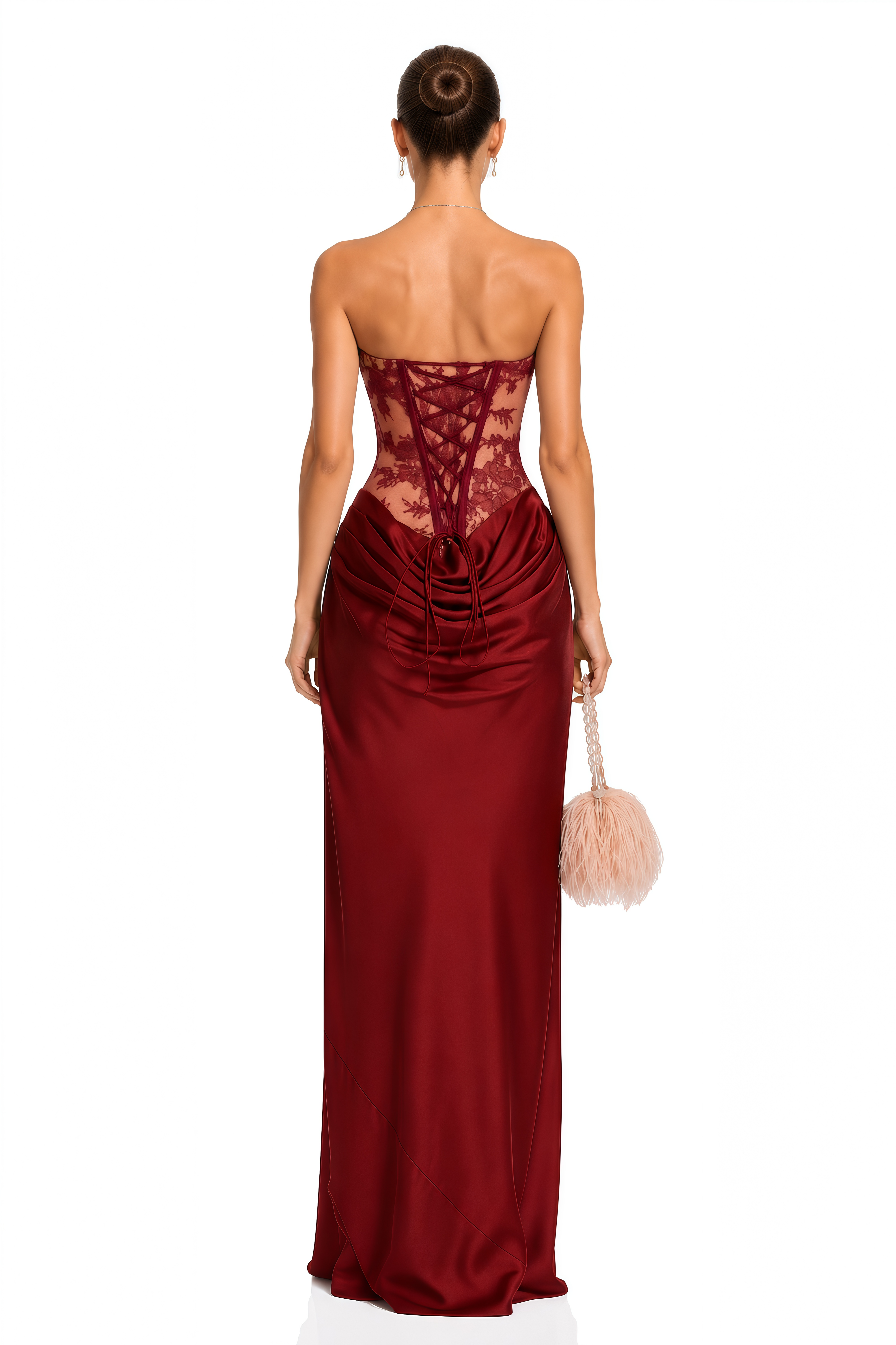 Burgundy strapless corset gown with a draped satin skirt