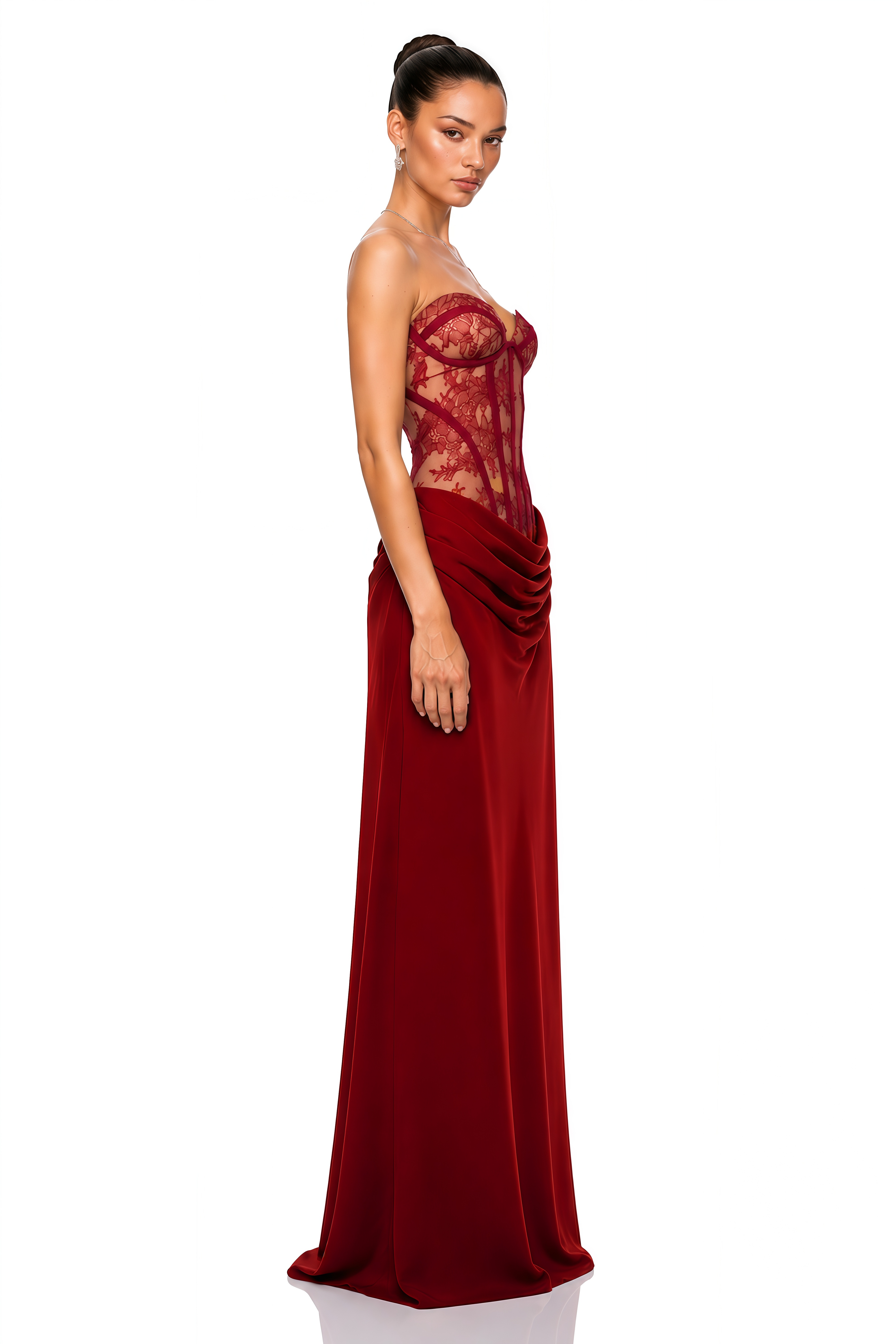 Burgundy strapless corset gown with a draped satin skirt