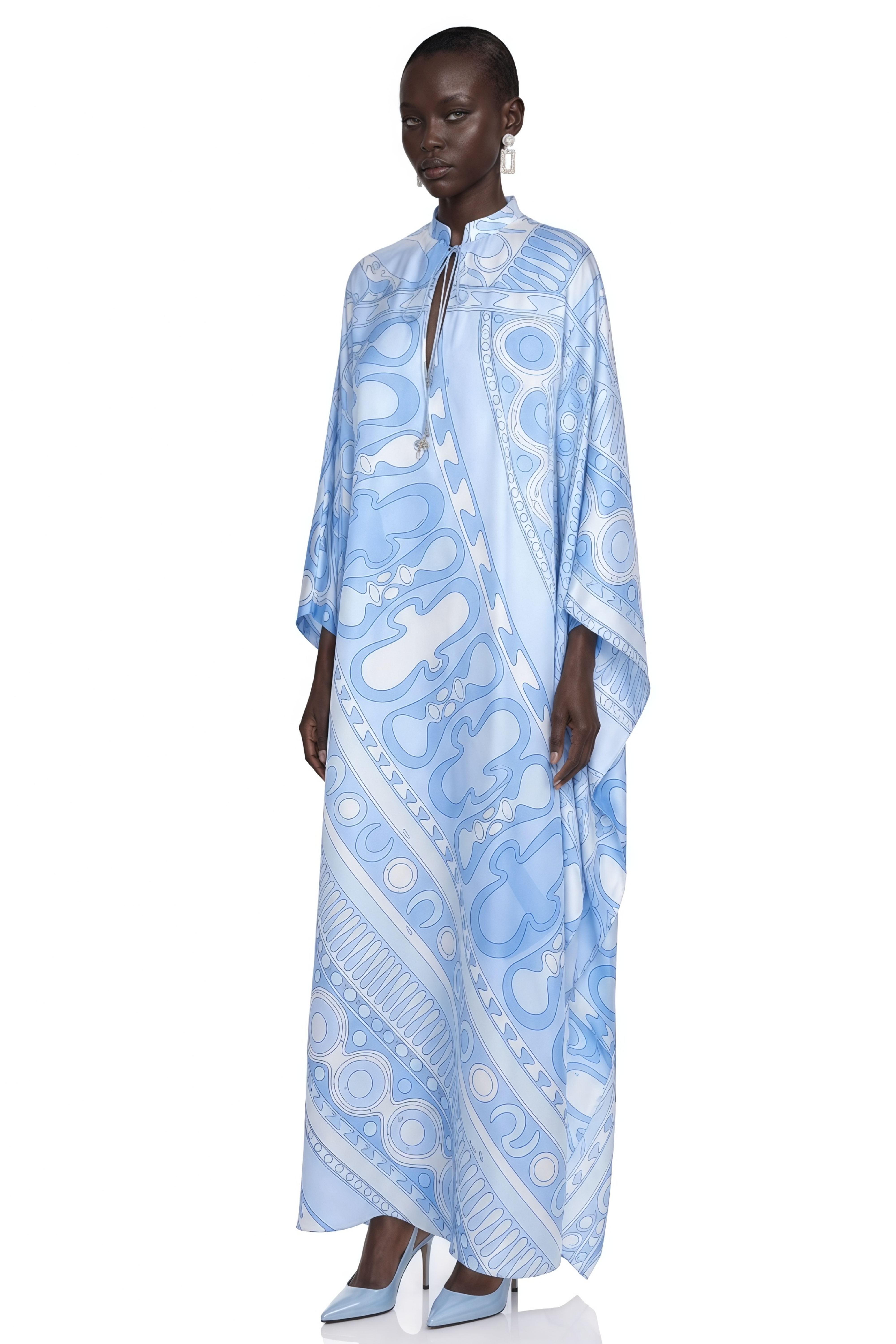 Noemi Blue Printed Cape Sleeve Maxi Dress
