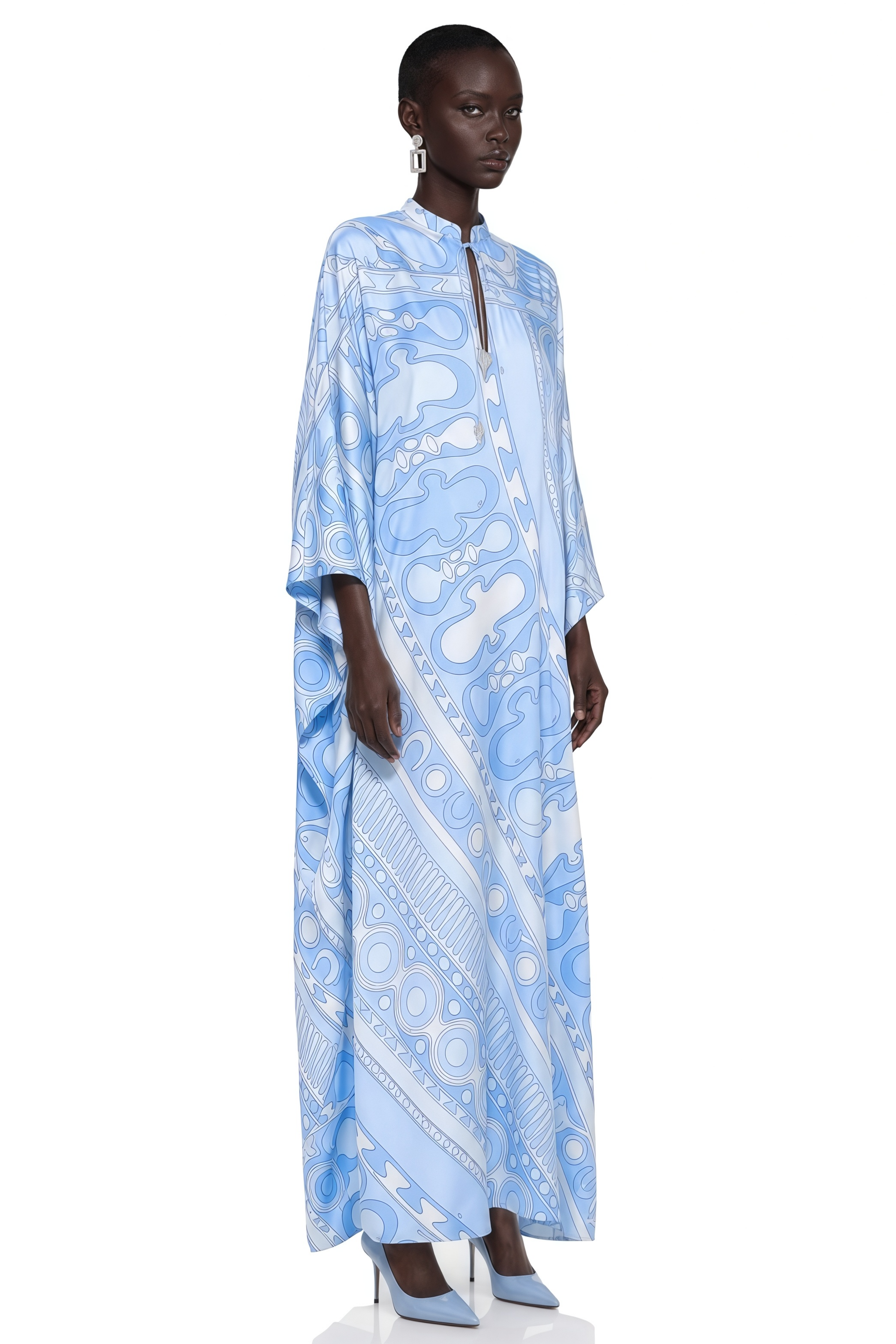 Noemi Blue Printed Cape Sleeve Maxi Dress