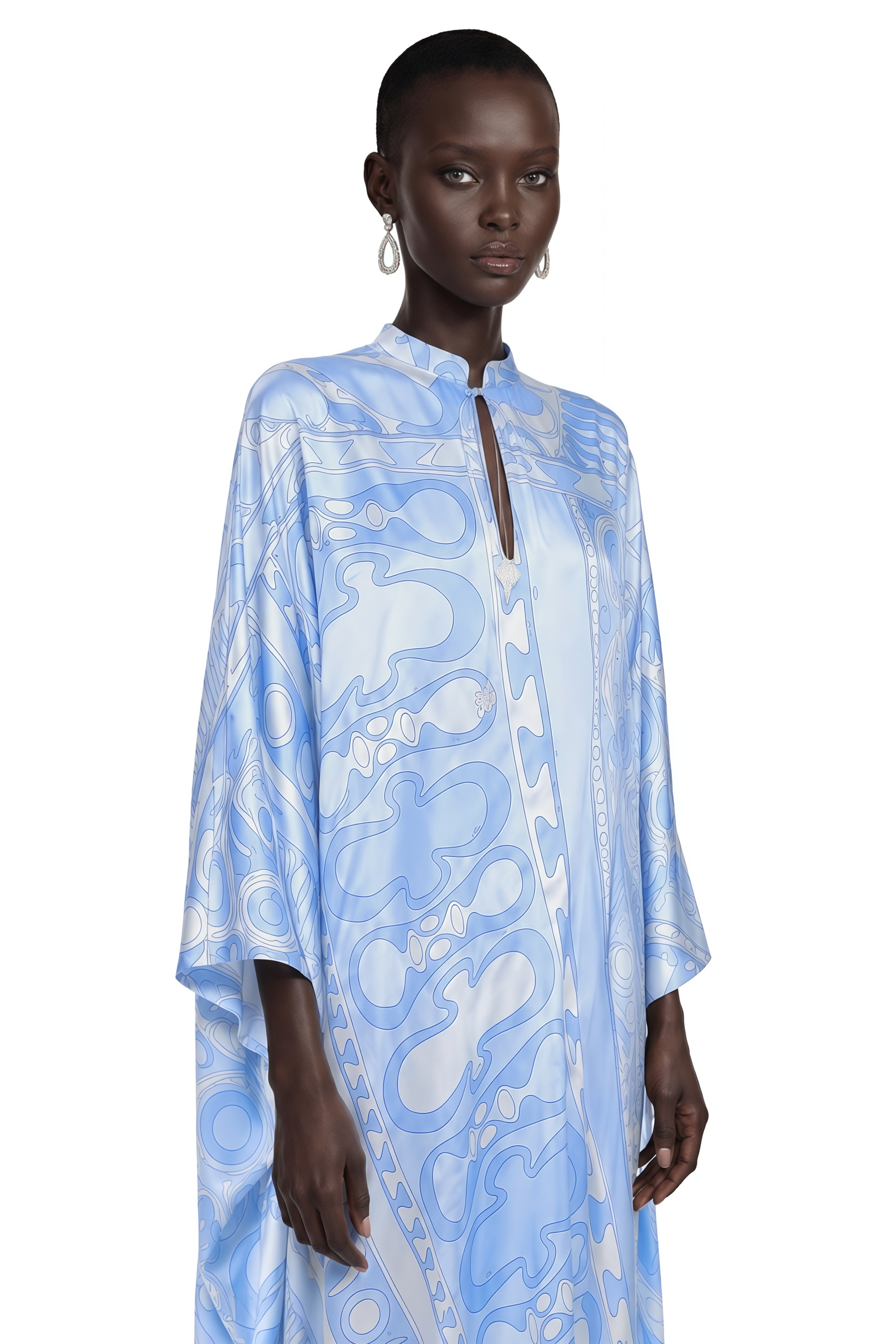 Noemi Blue Printed Cape Sleeve Maxi Dress