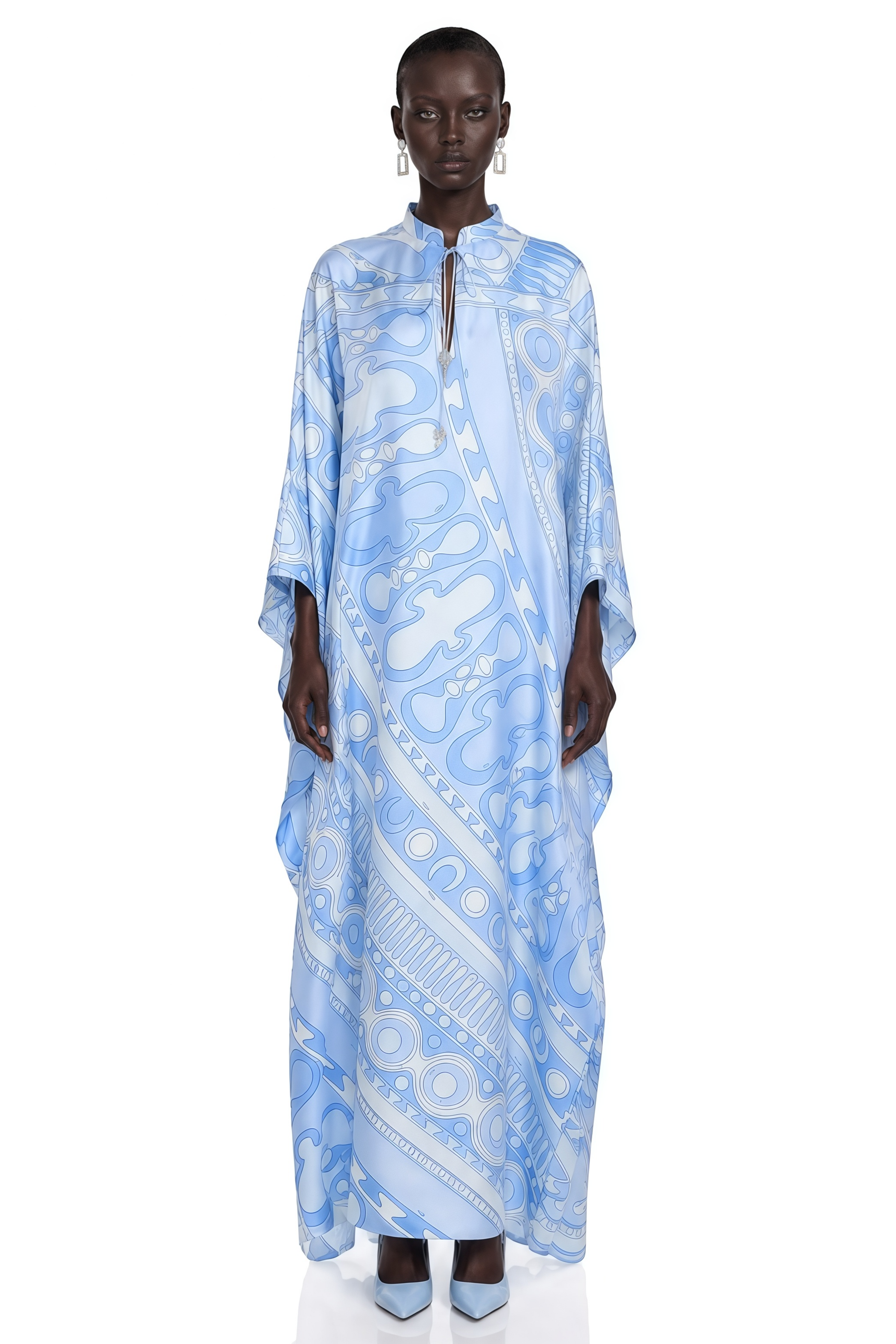 Noemi Blue Printed Cape Sleeve Maxi Dress