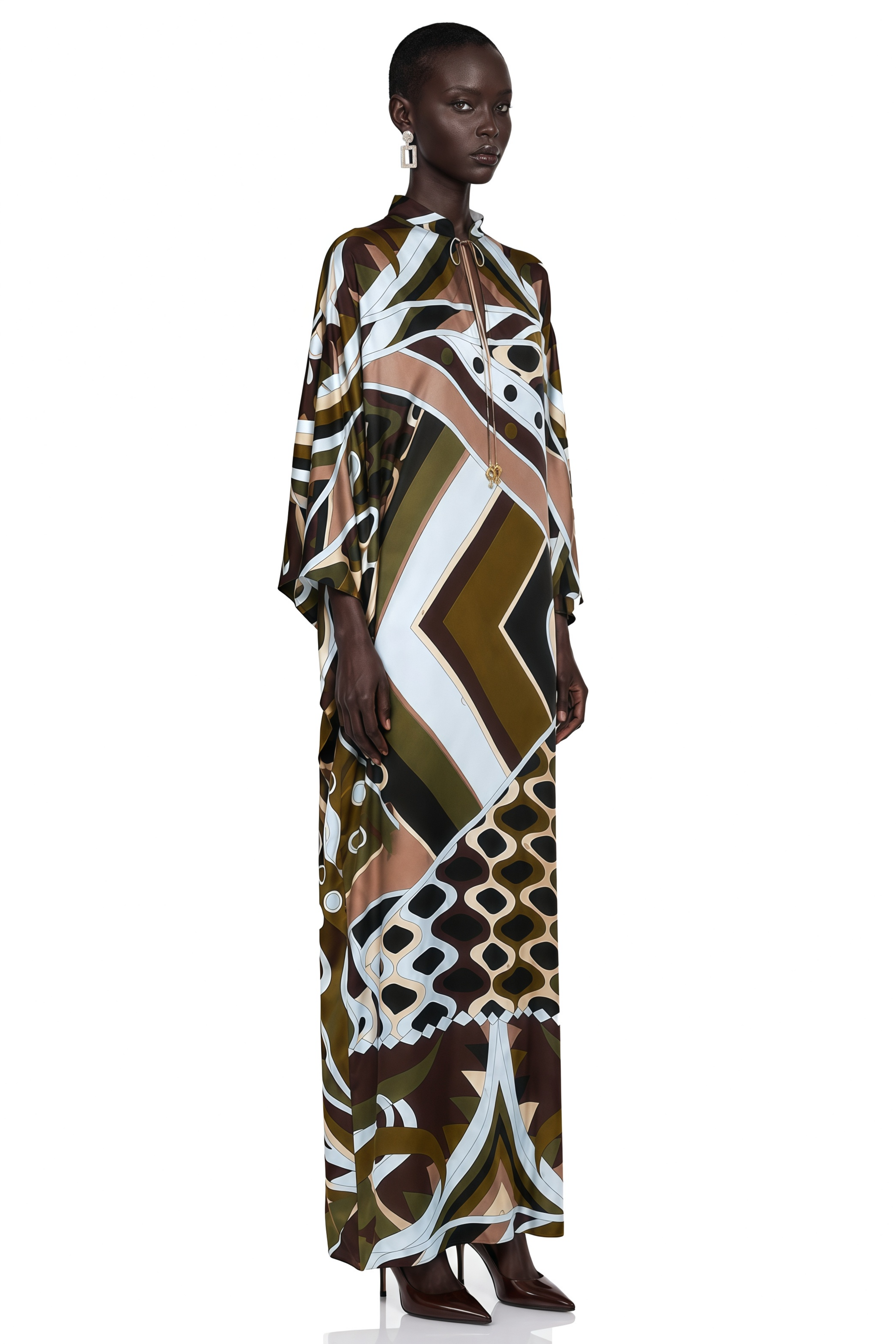 Noemi Brown Printed Cape Sleeve Maxi Dress