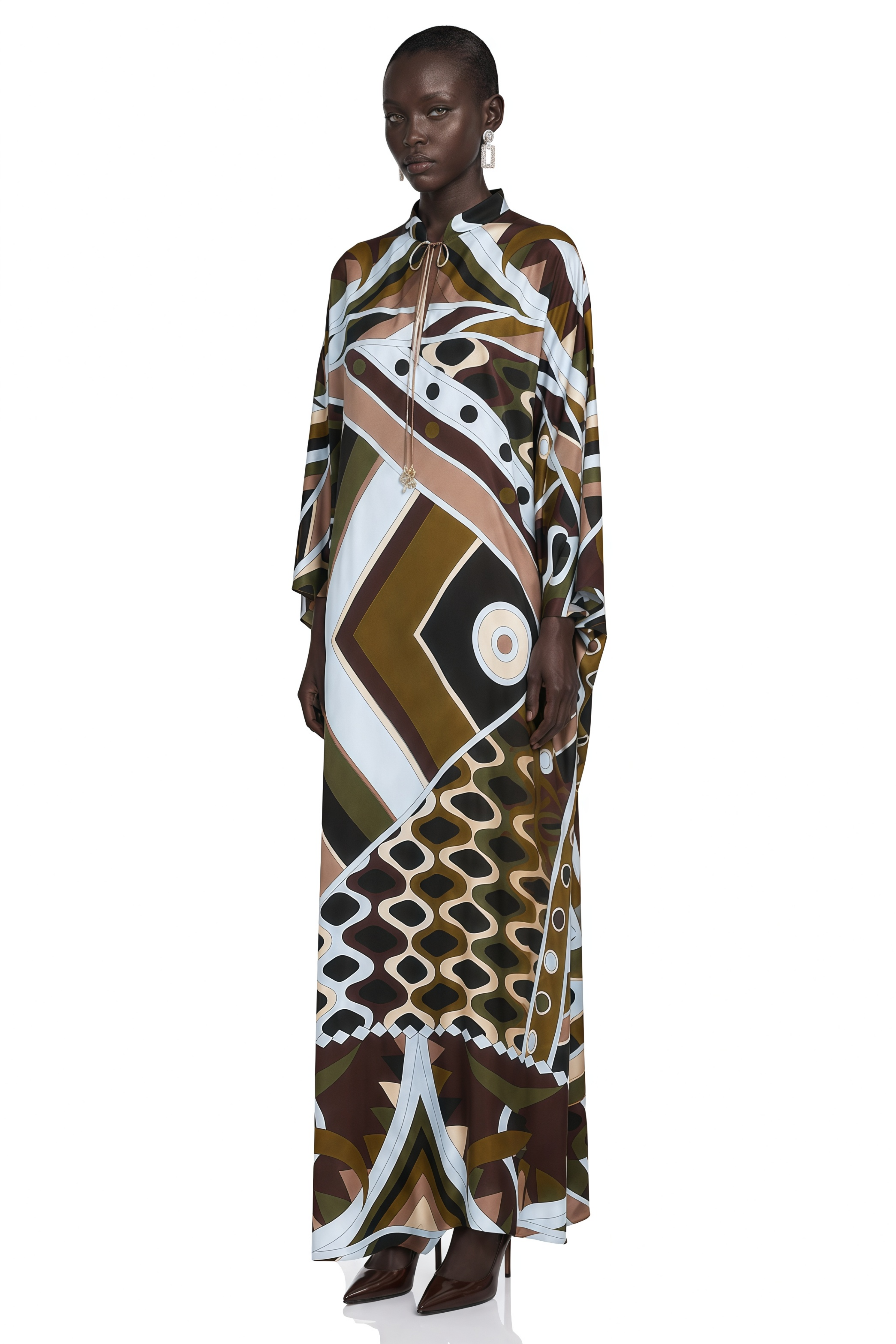 Noemi Brown Printed Cape Sleeve Maxi Dress