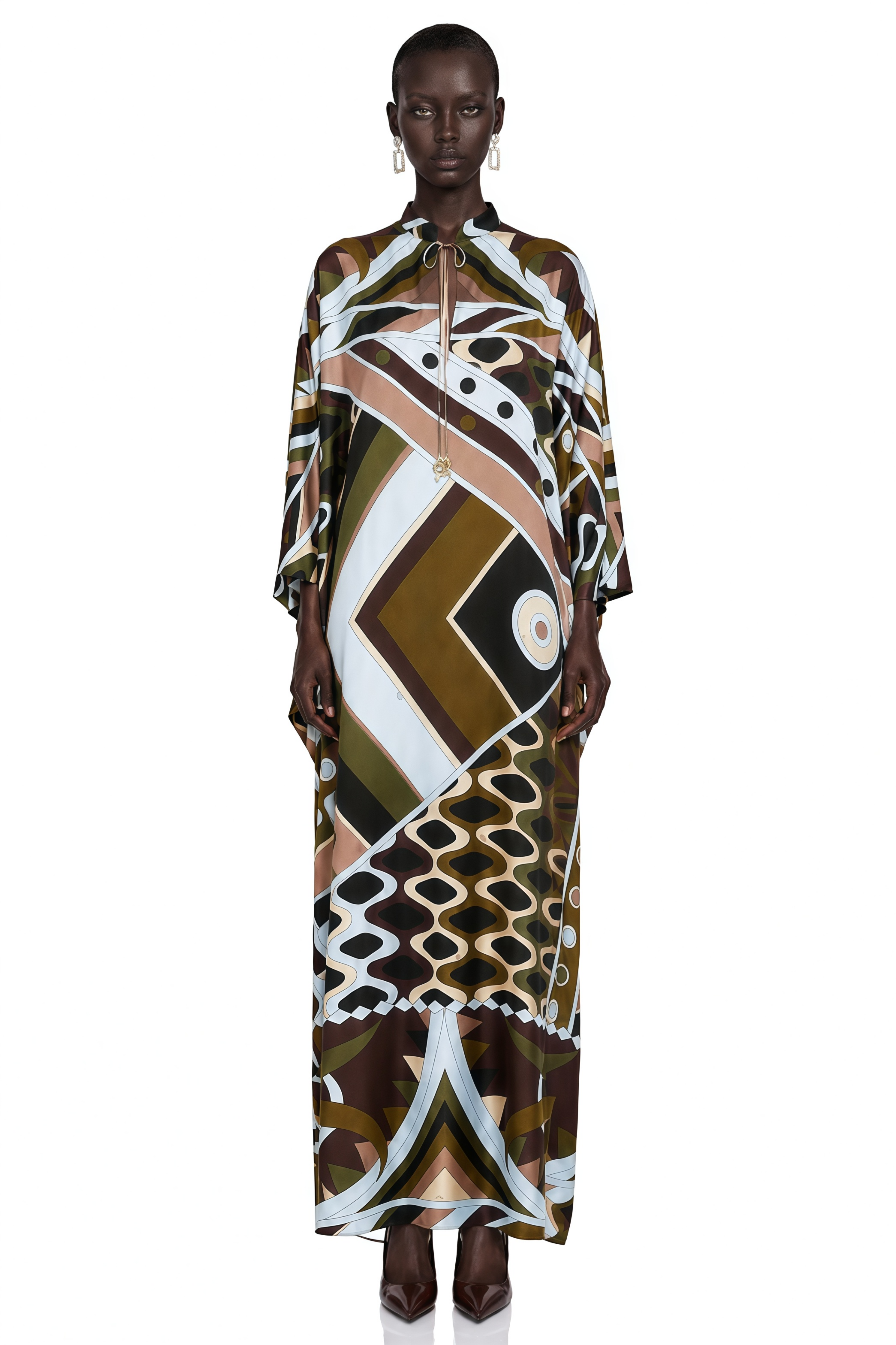 Noemi Brown Printed Cape Sleeve Maxi Dress