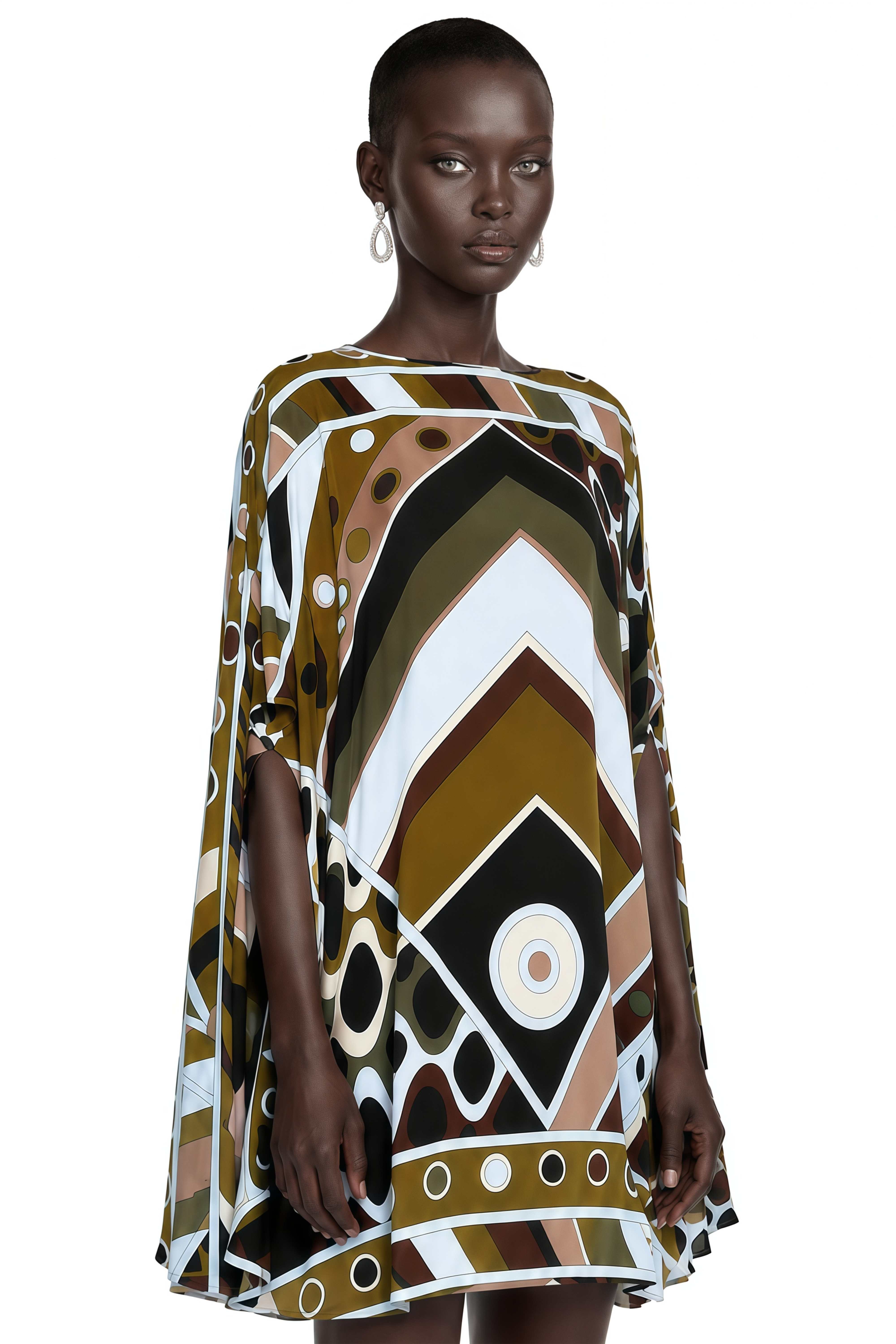 Noemi Brown Printed Cape Sleeve Mini Dress