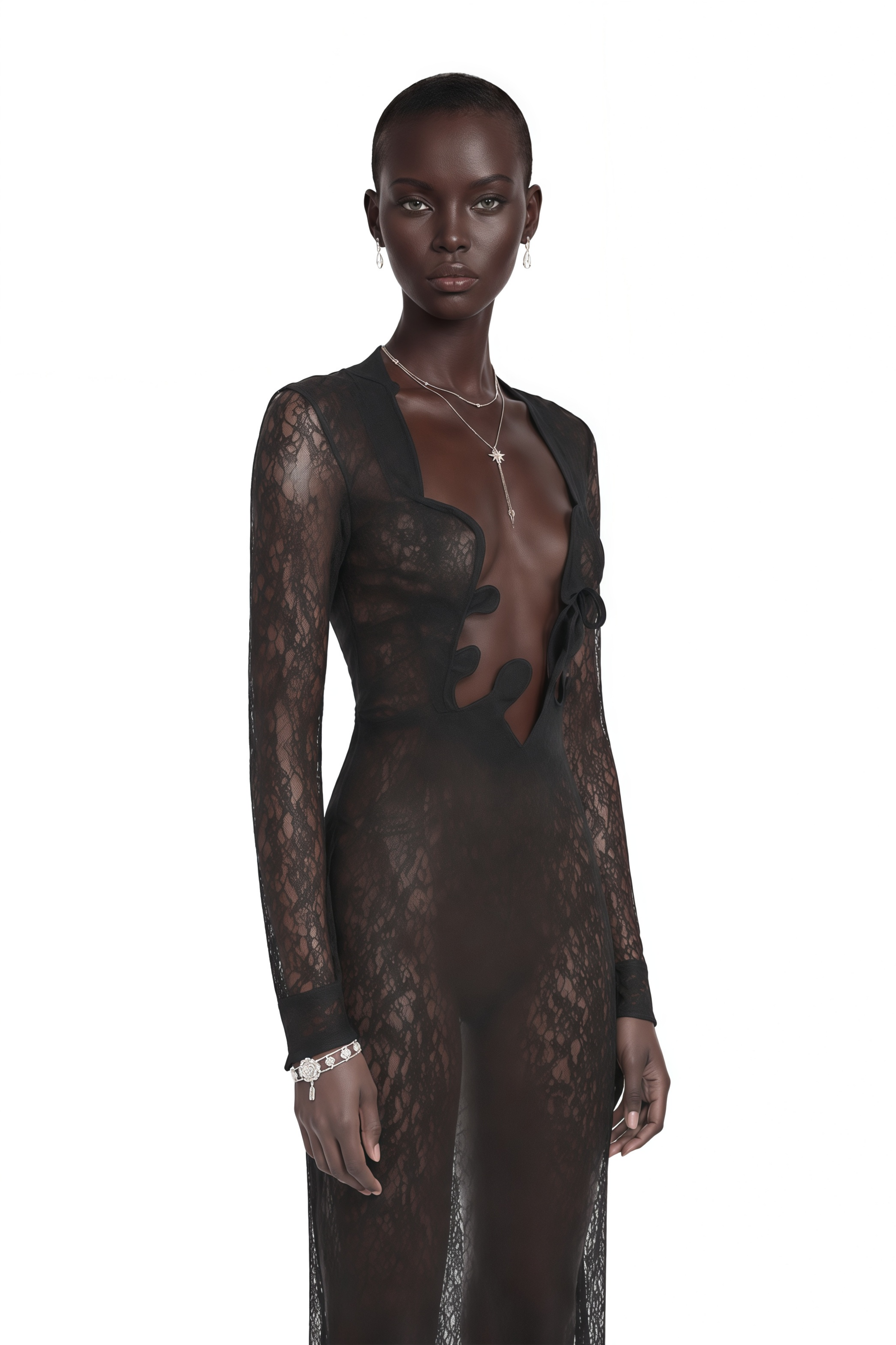 Black sheer lace long-sleeved maxi dress with front cutouts