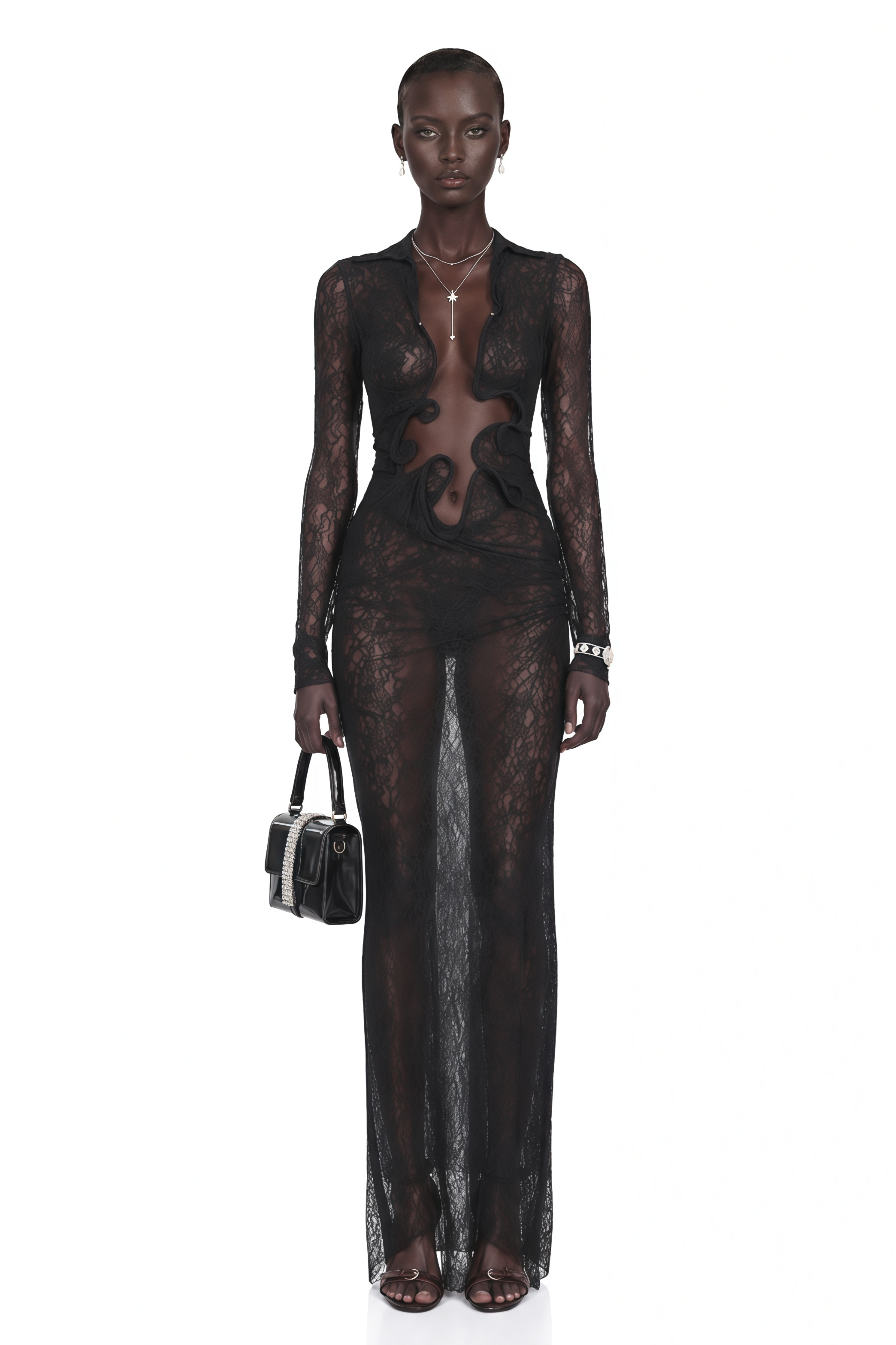 Black sheer lace long-sleeved maxi dress with front cutouts