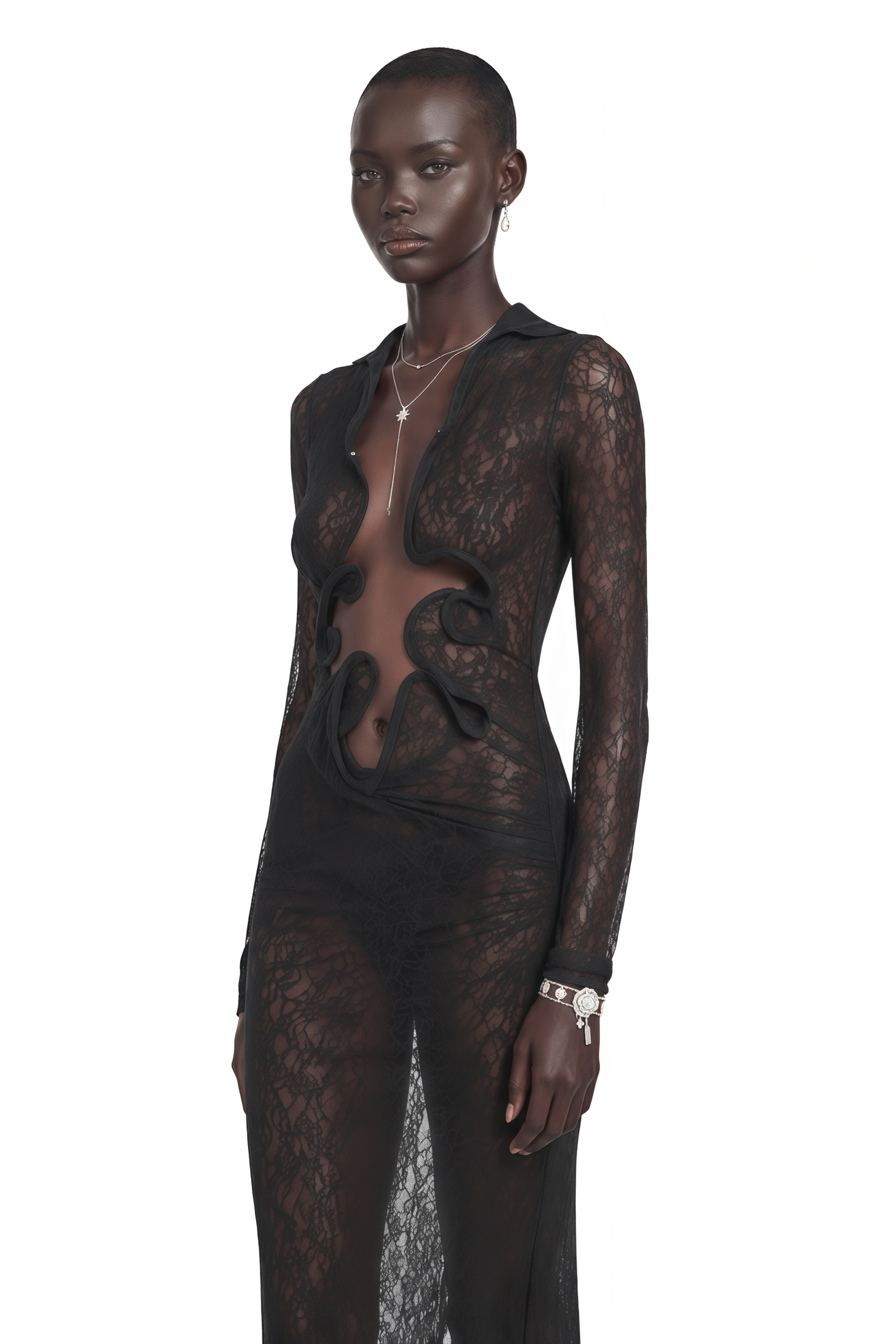 Black sheer lace long-sleeved maxi dress with front cutouts