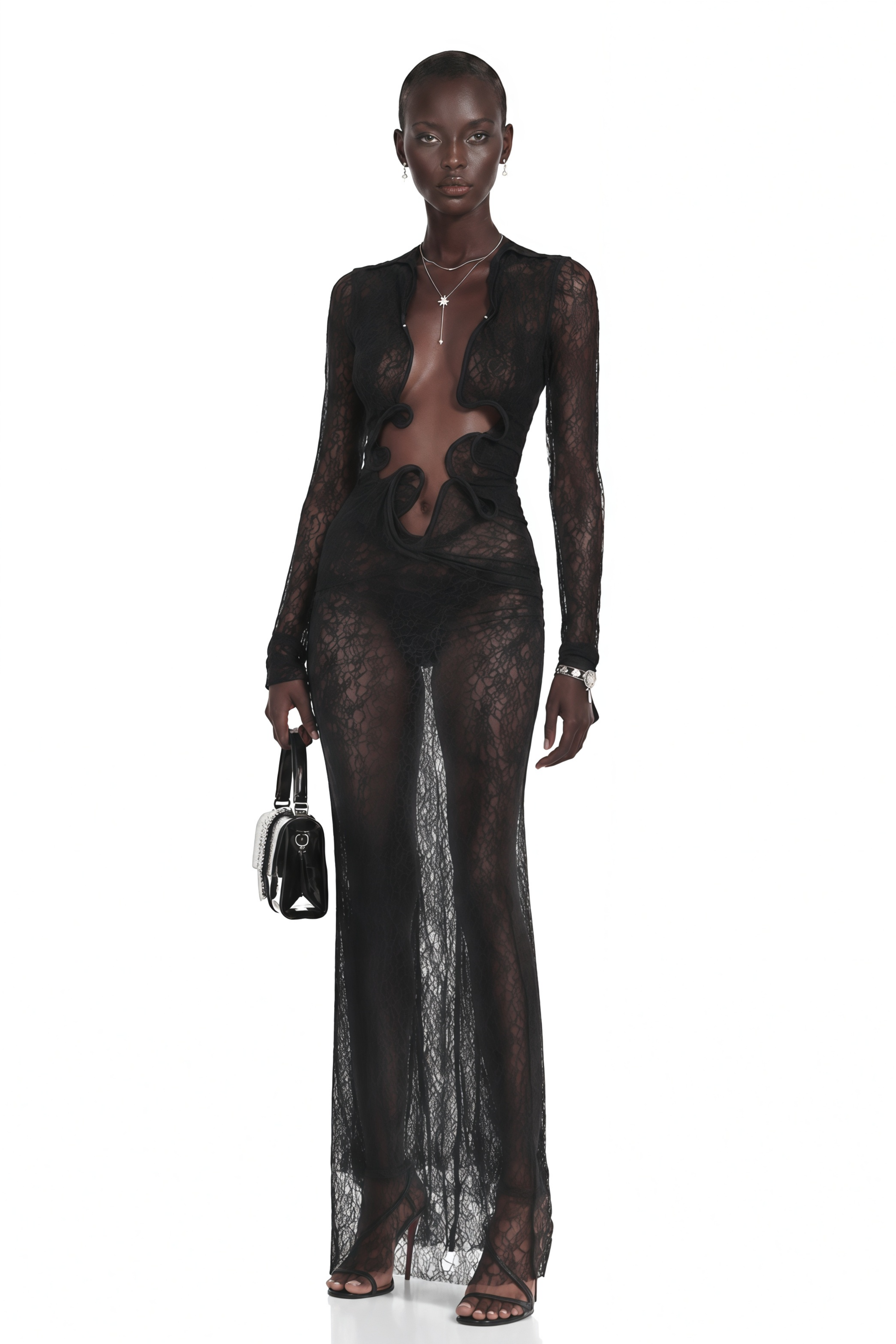 Black sheer lace long-sleeved maxi dress with front cutouts