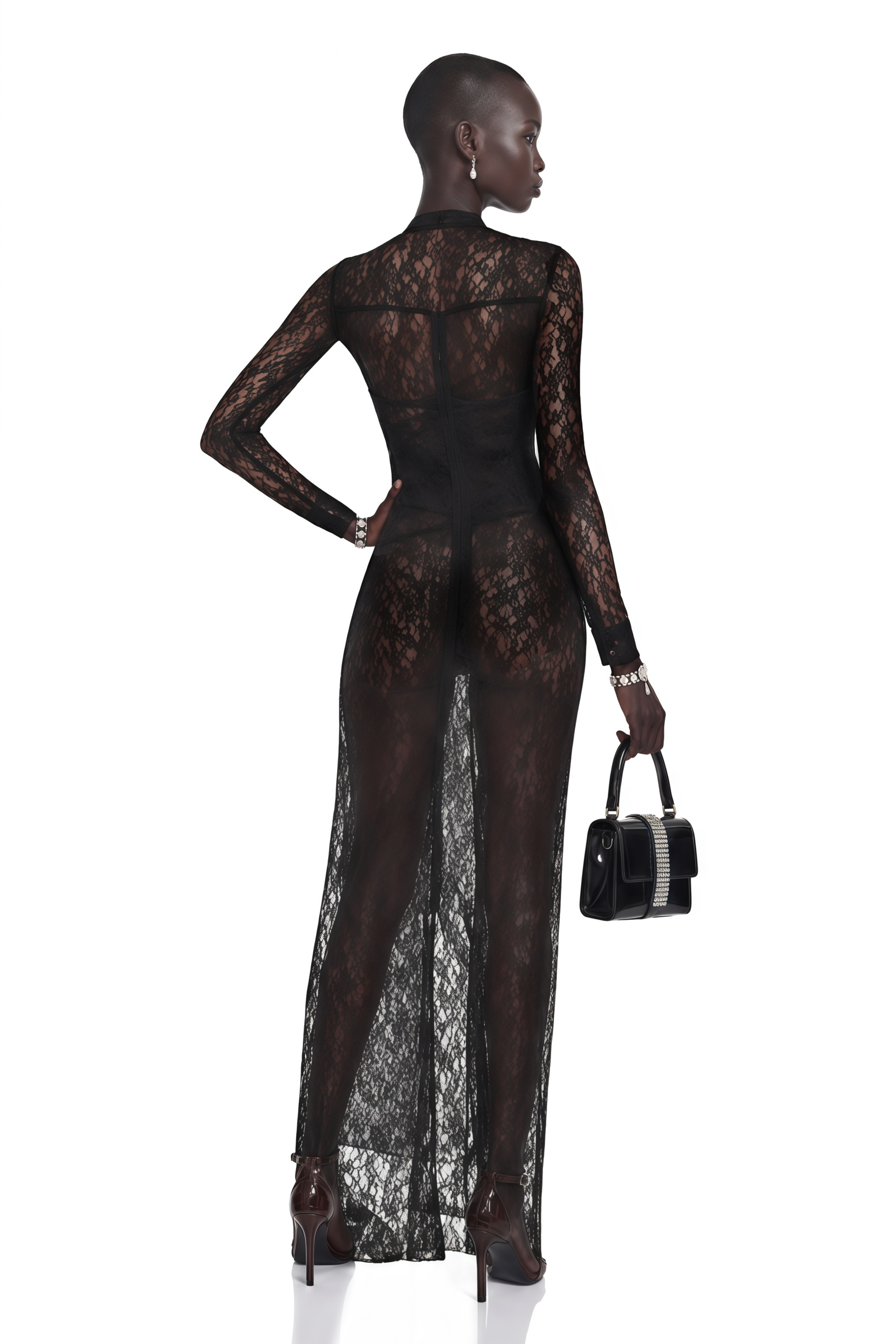Black sheer lace long-sleeved maxi dress with front cutouts