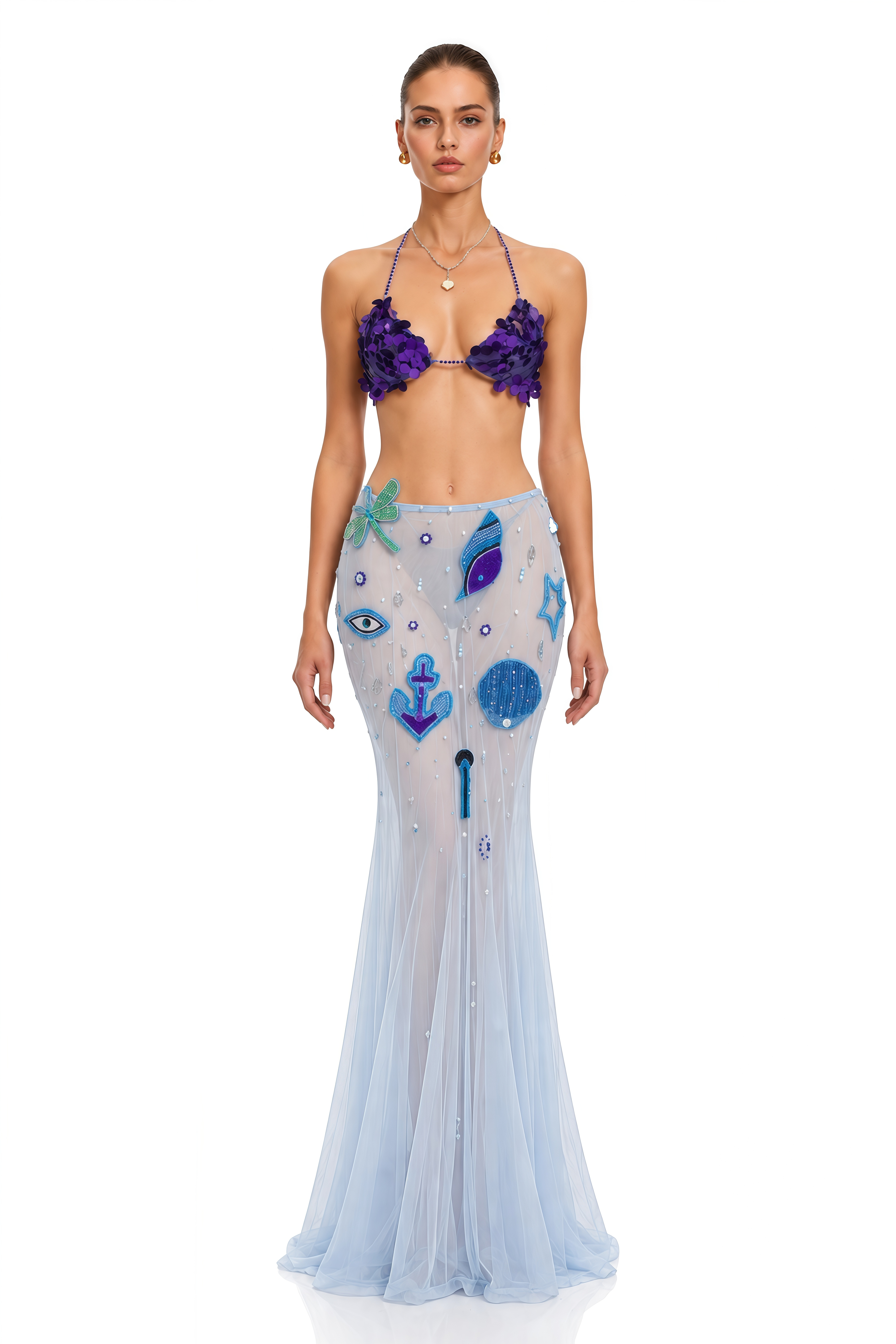 Nola Blue Embellished Halterneck Top & Maxi Skirt Set