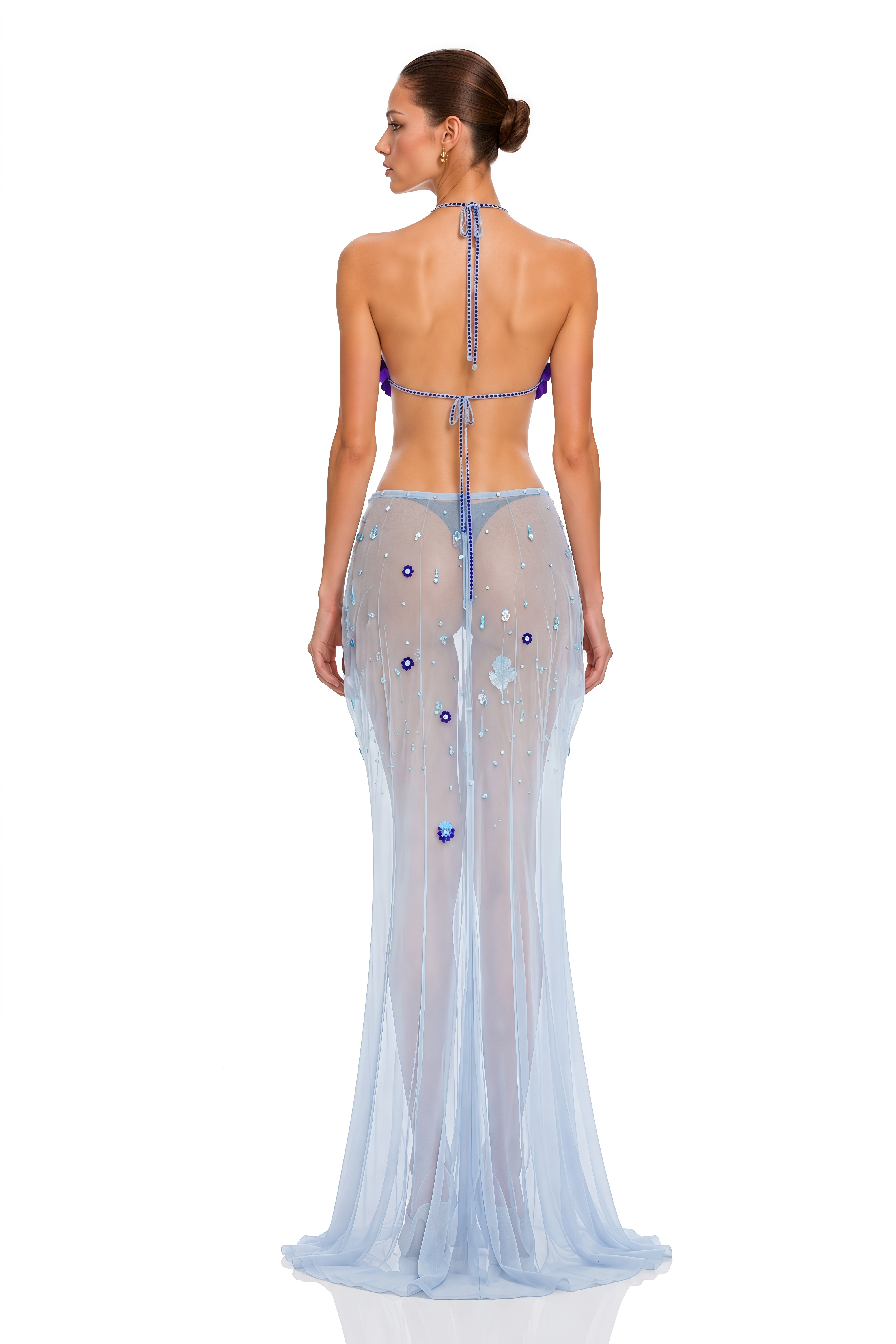 Nola Blue Embellished Halterneck Top & Maxi Skirt Set