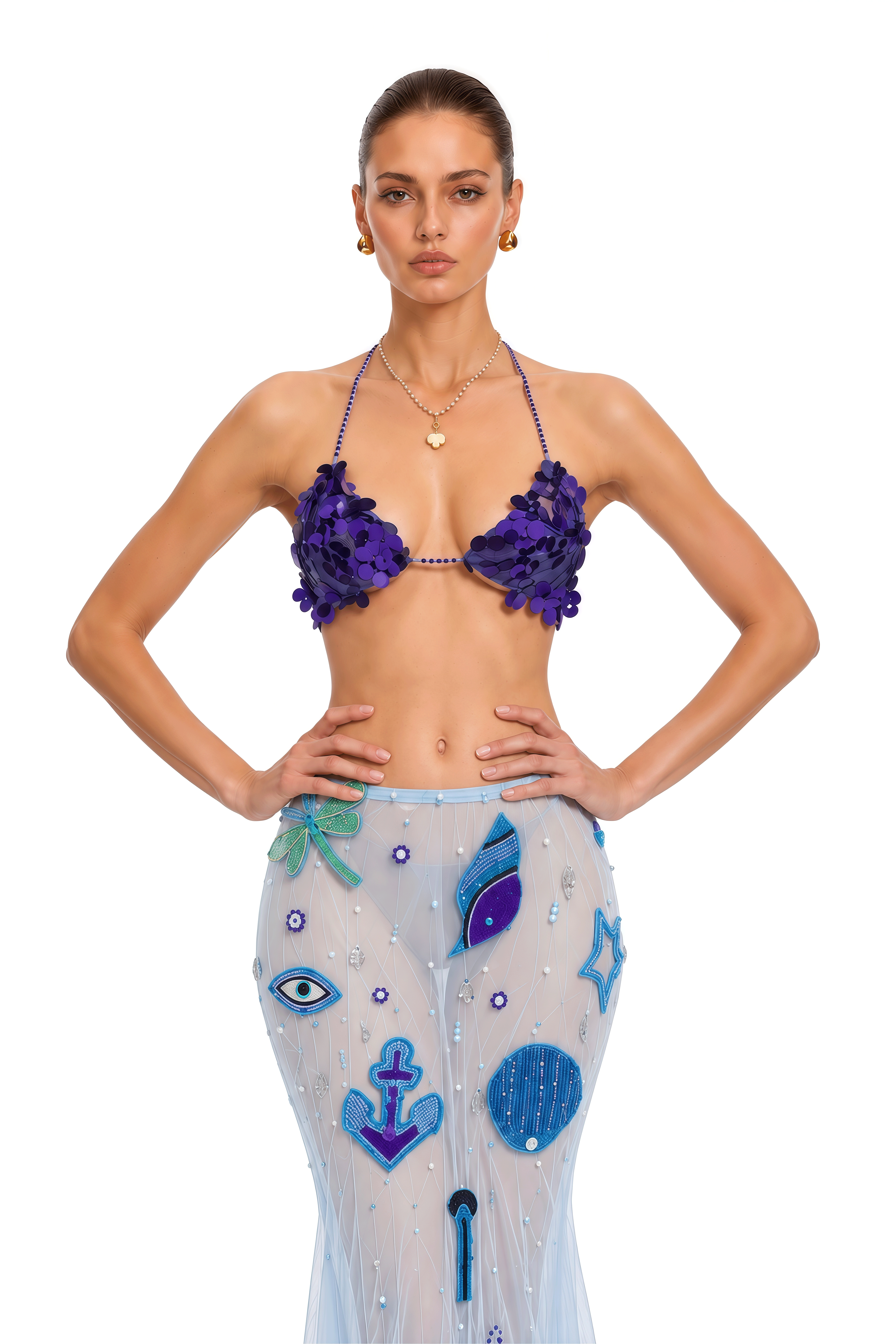 Nola Blue Embellished Halterneck Top & Maxi Skirt Set