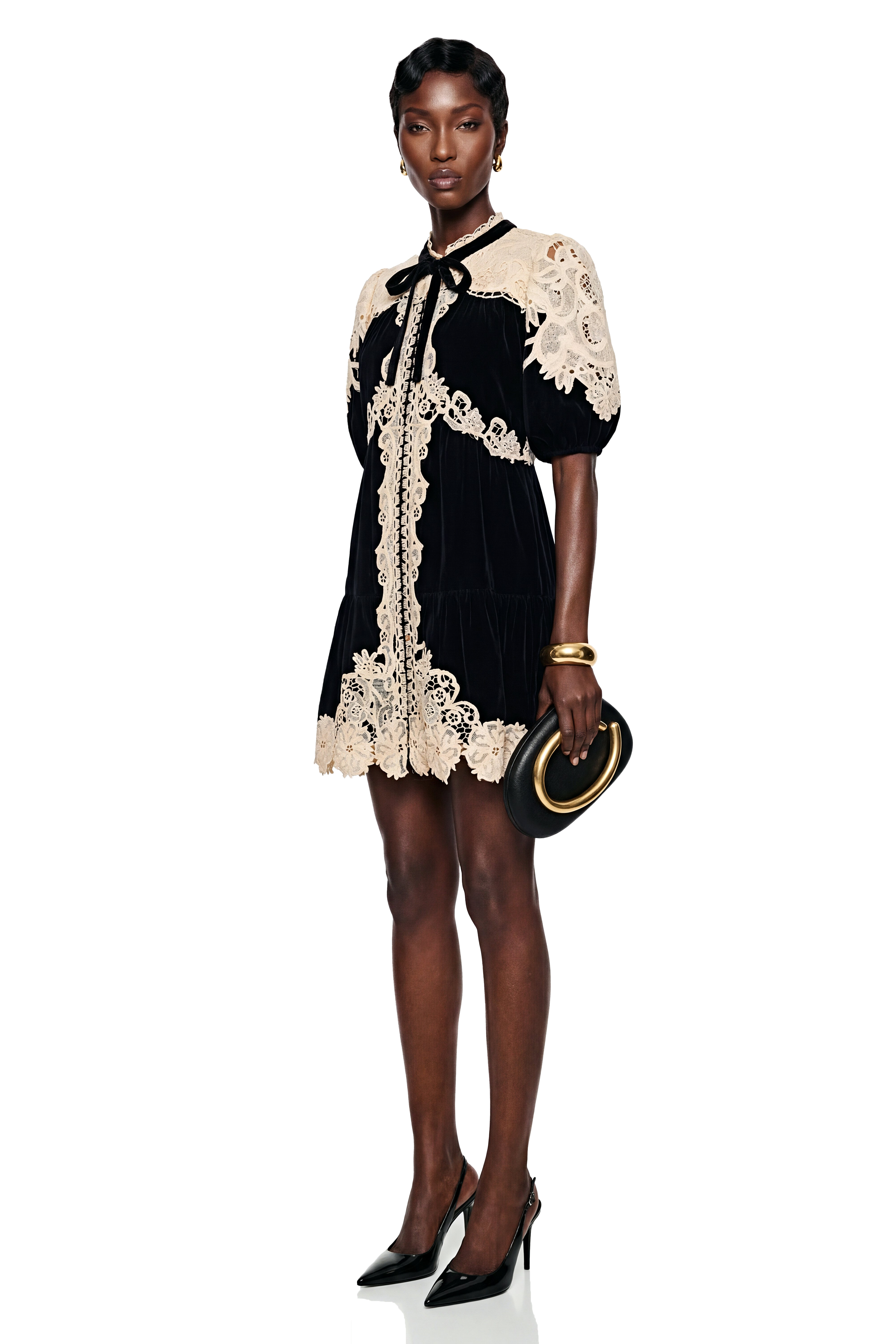black velvet mini dress Nora with Lace Panels Mini length Sizing Length:Floor-length Fitted College Party PrettyLittleThing Women's Halterneck Contrast