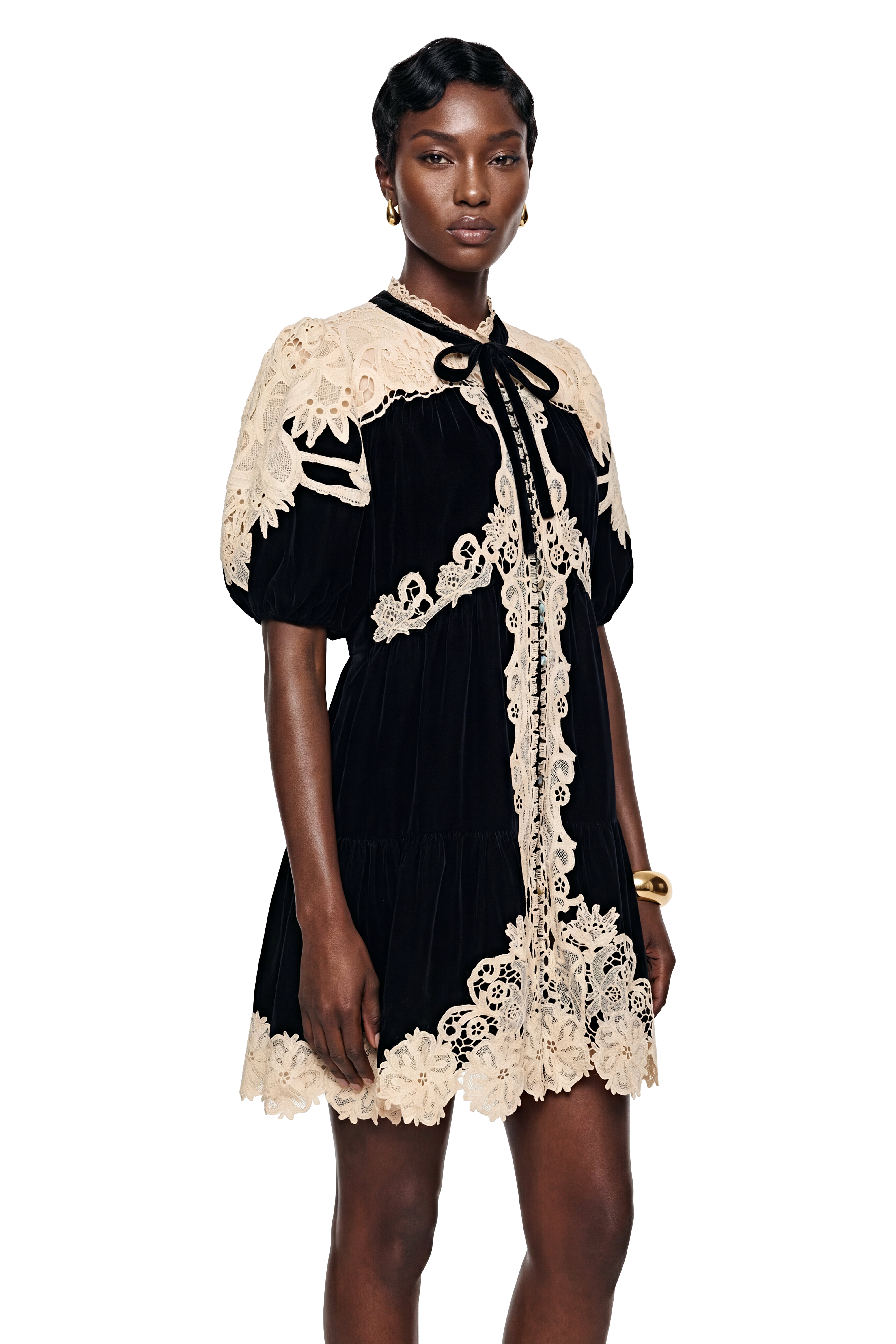 Nora Black Velvet Mini Dress with Lace Panels – Miss Rosier