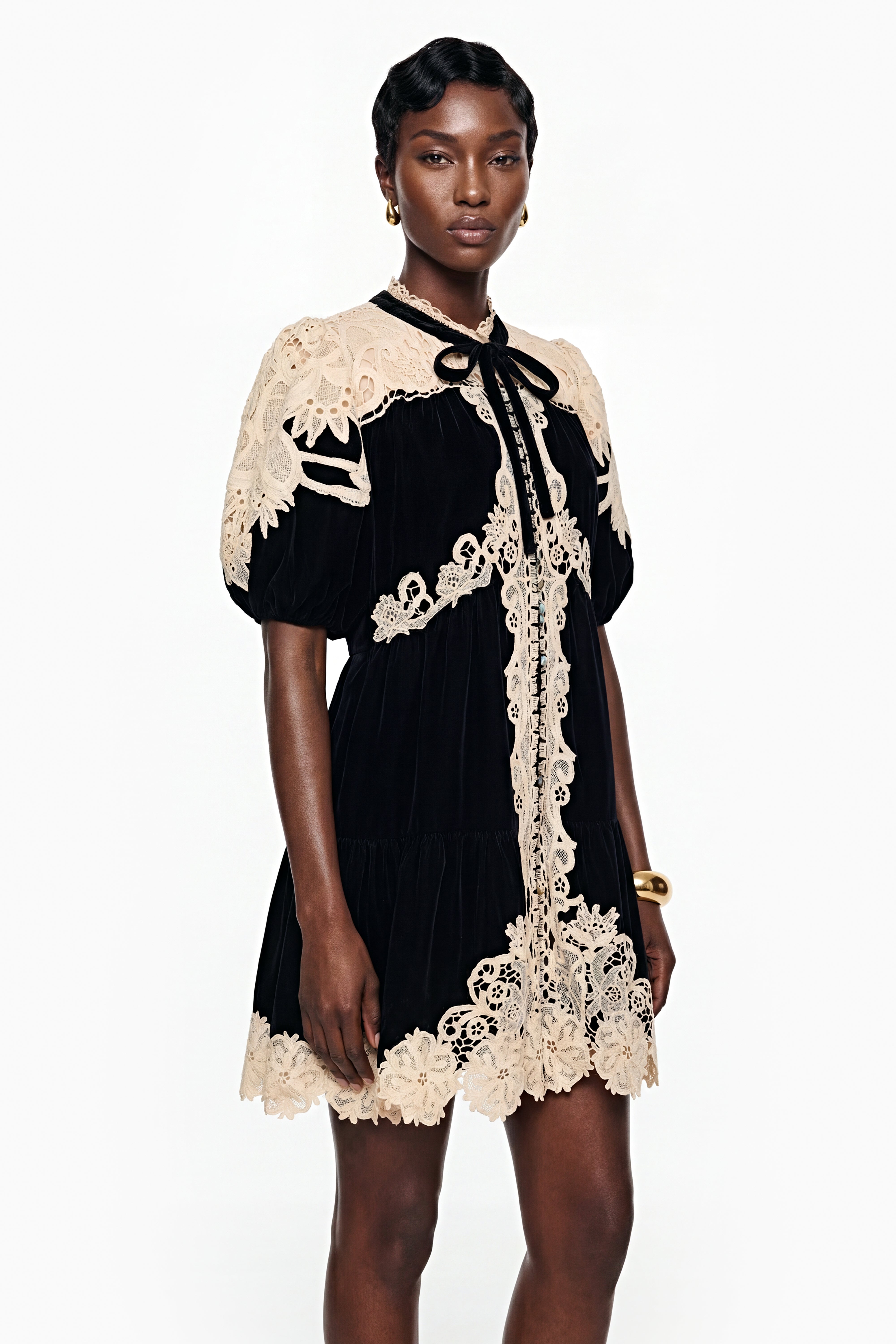 Short Sleeve Velvet & Lace Mini Dress