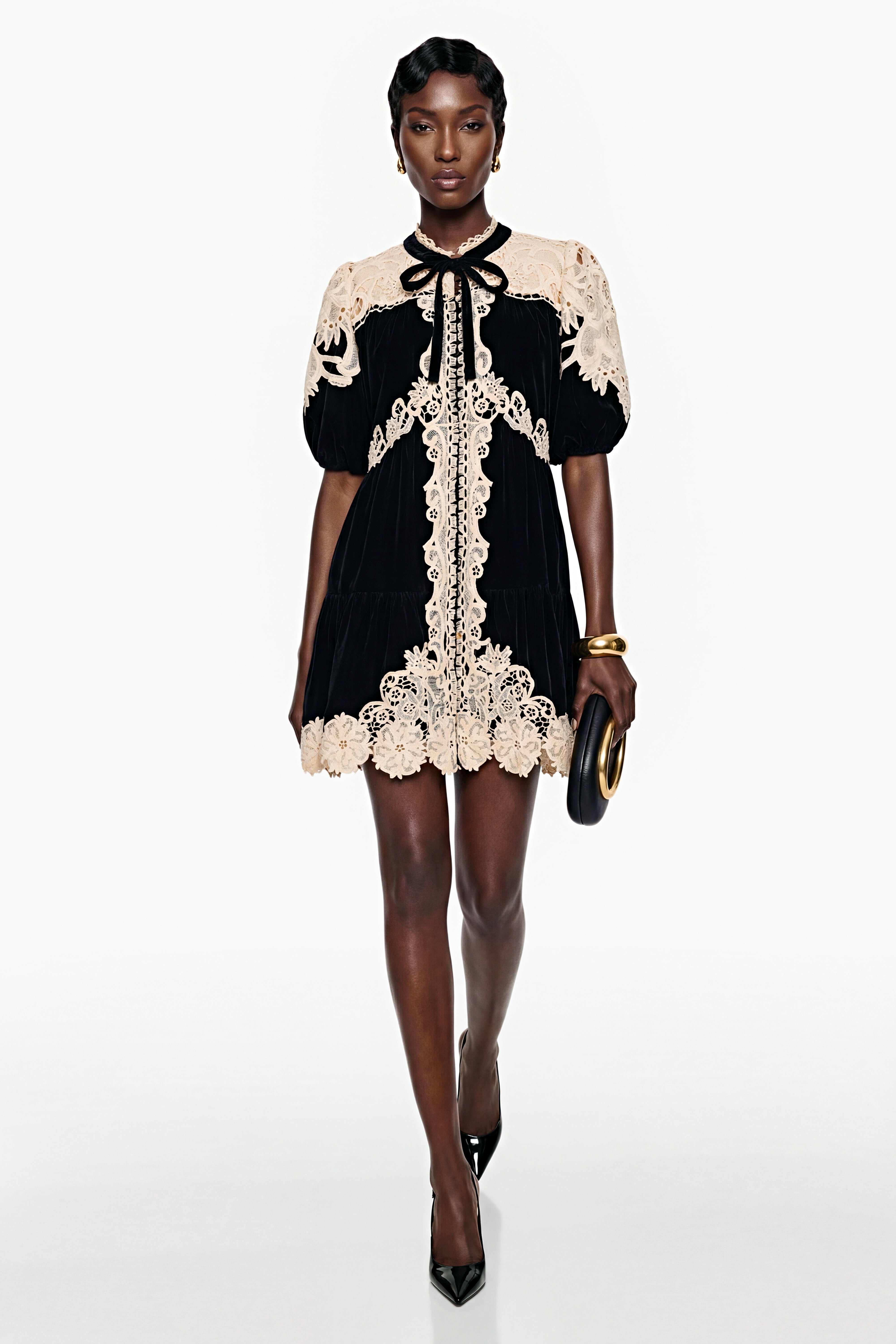 Short Sleeve Velvet & Lace Mini Dress