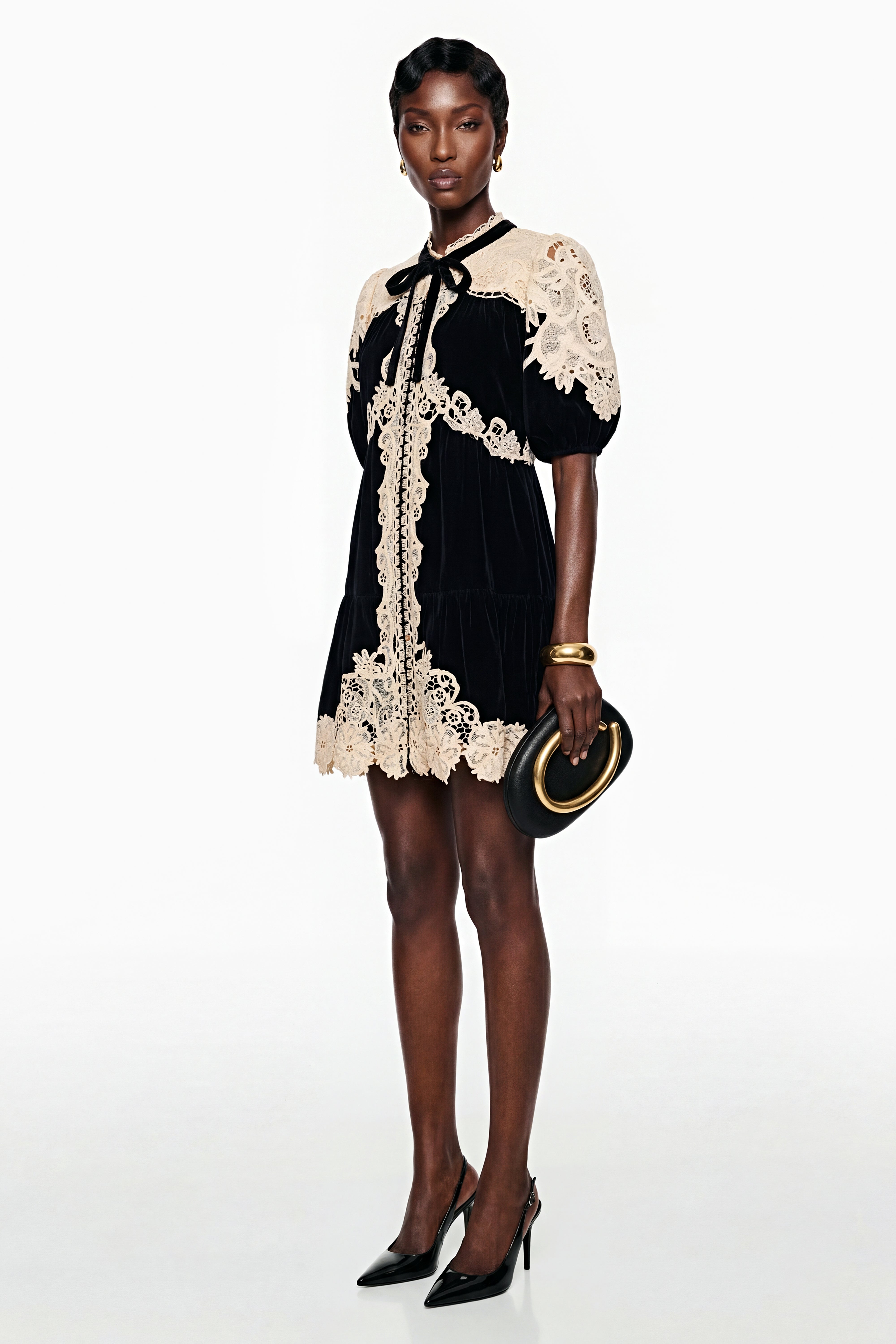 Short Sleeve Velvet & Lace Mini Dress
