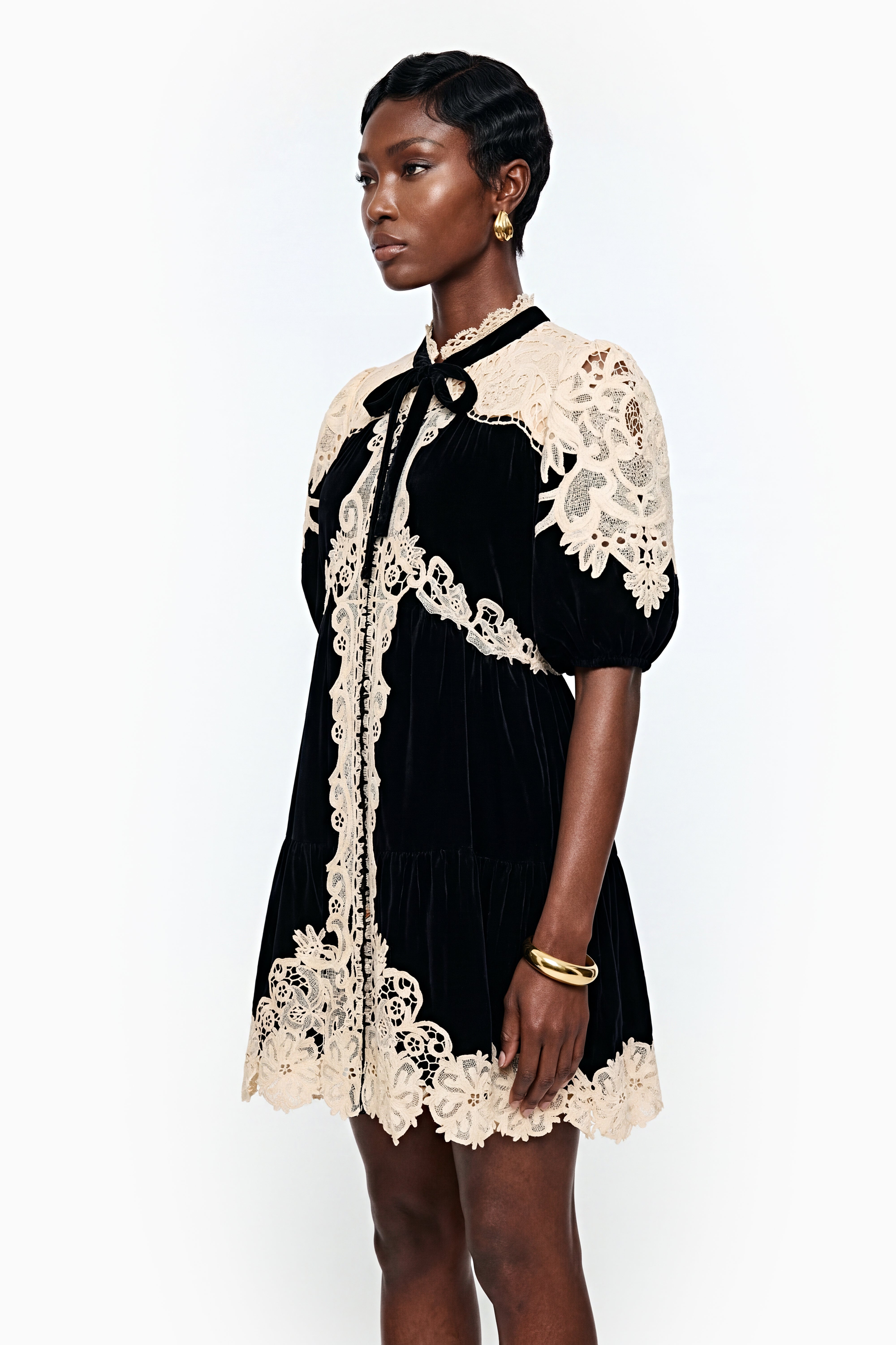Short Sleeve Velvet & Lace Mini Dress