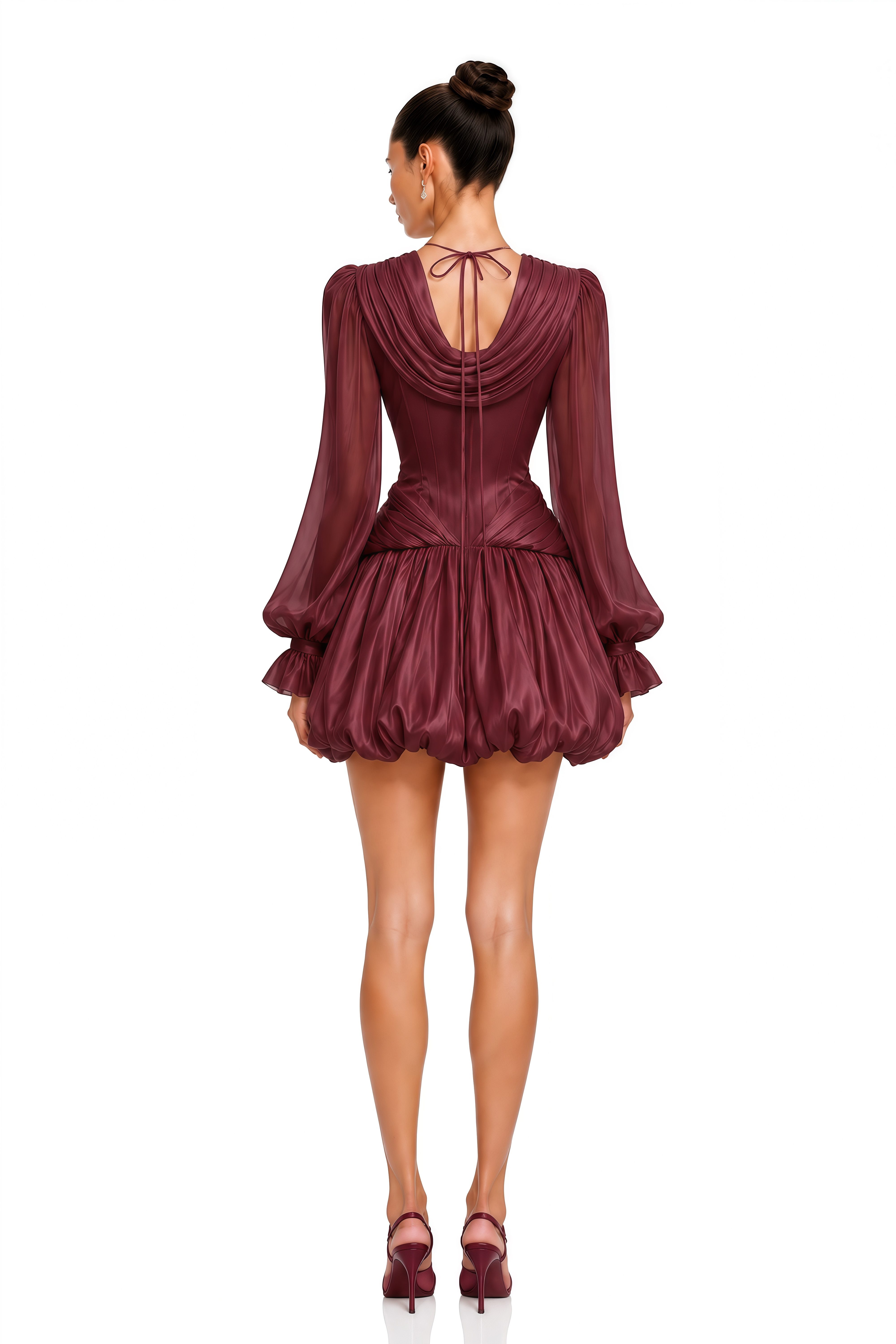 Nuria Burgundy Draped V-Neck Bubble Mini Dress