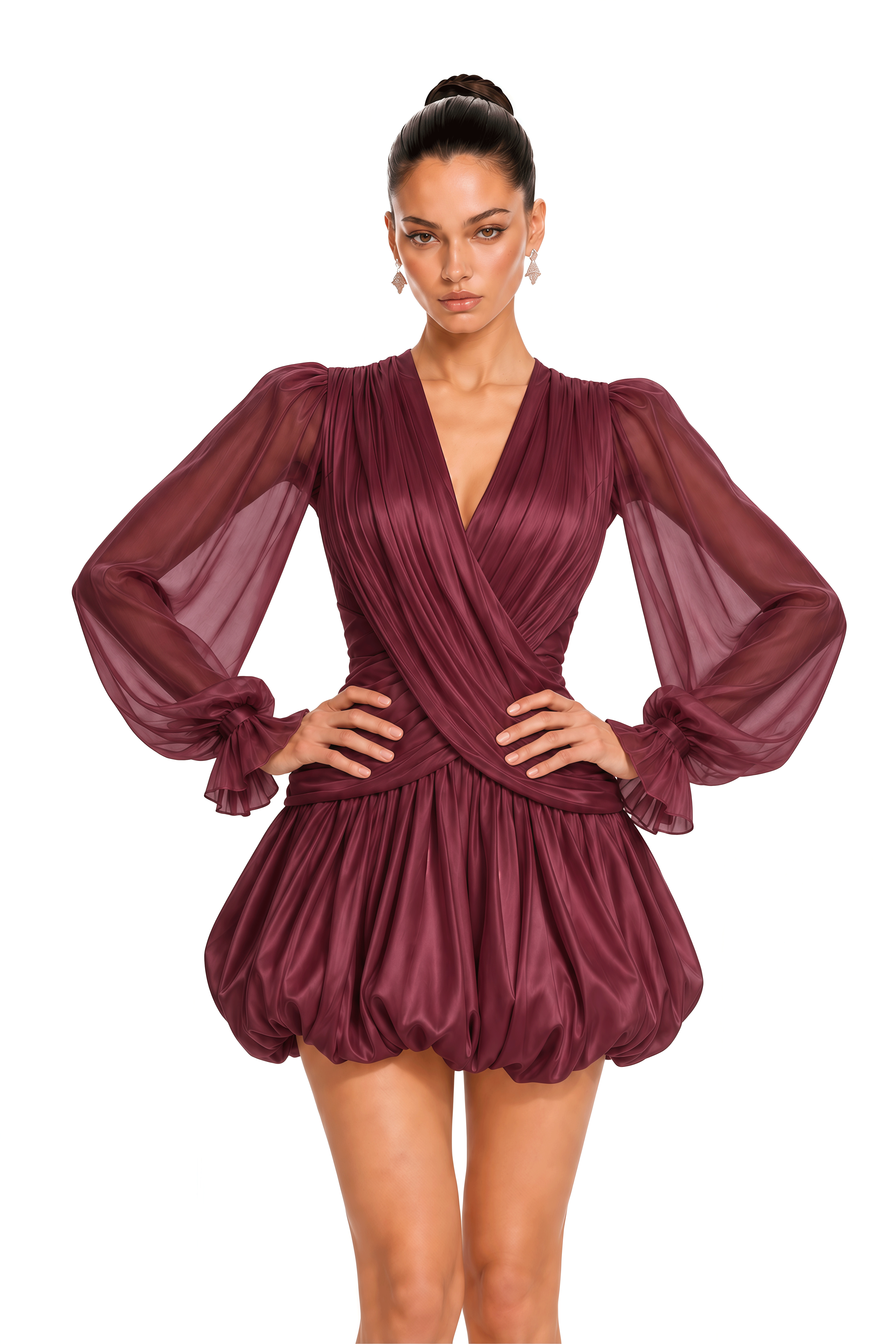 Nuria Burgundy Draped V-Neck Bubble Mini Dress