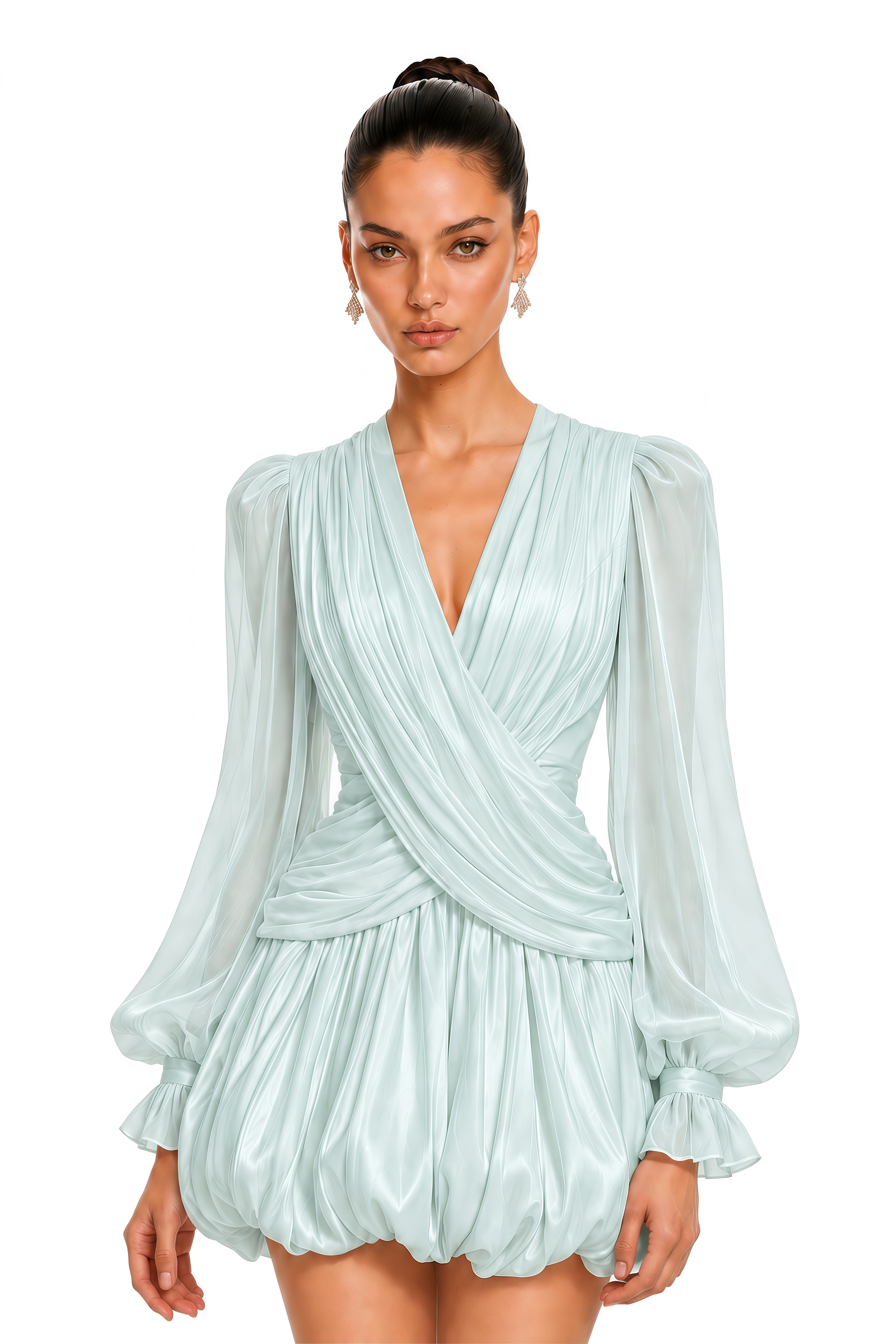 Nuria Mint Green Draped V-Neck Bubble Mini Dress