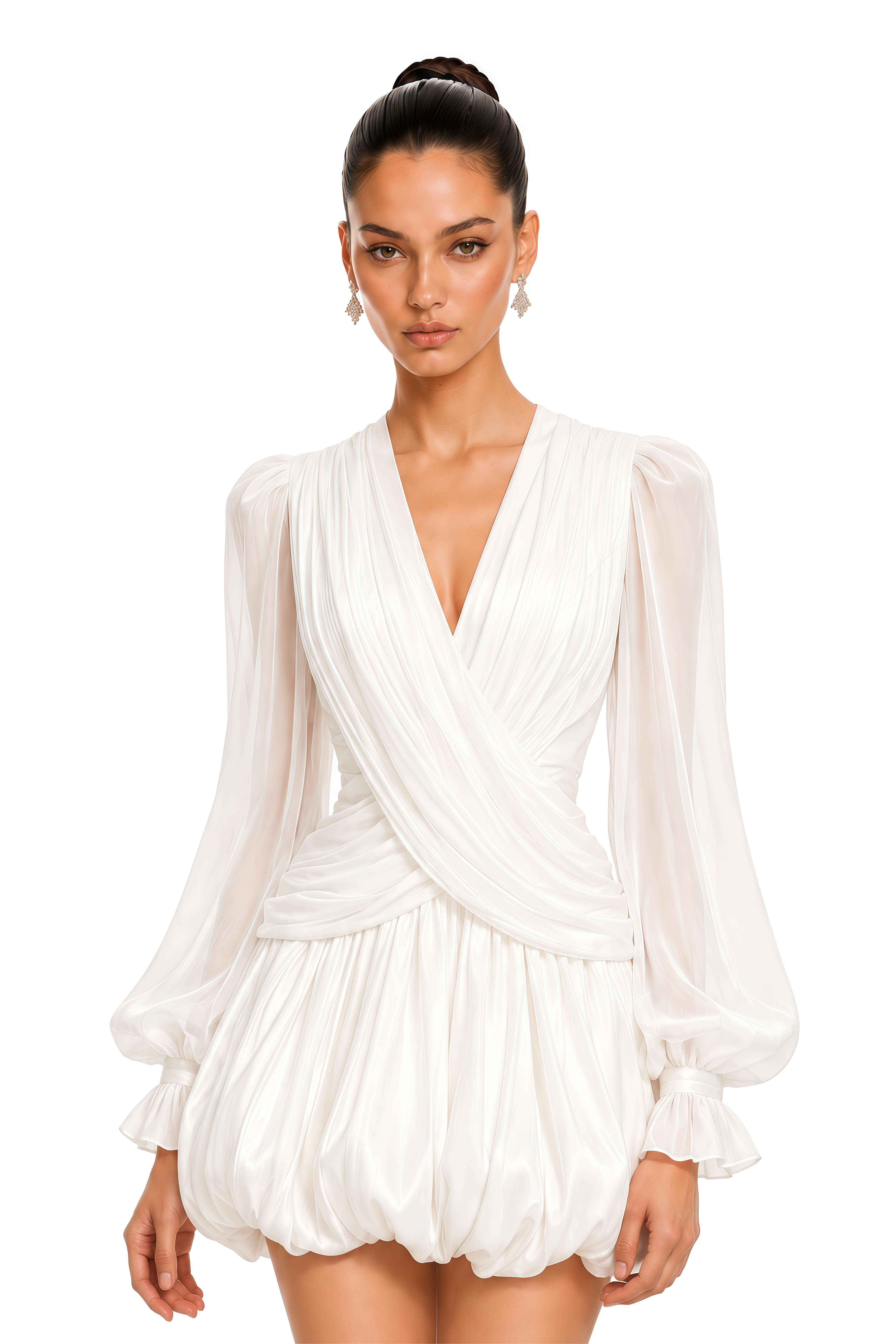 Nuria White Draped V-Neck Bubble Mini Dress