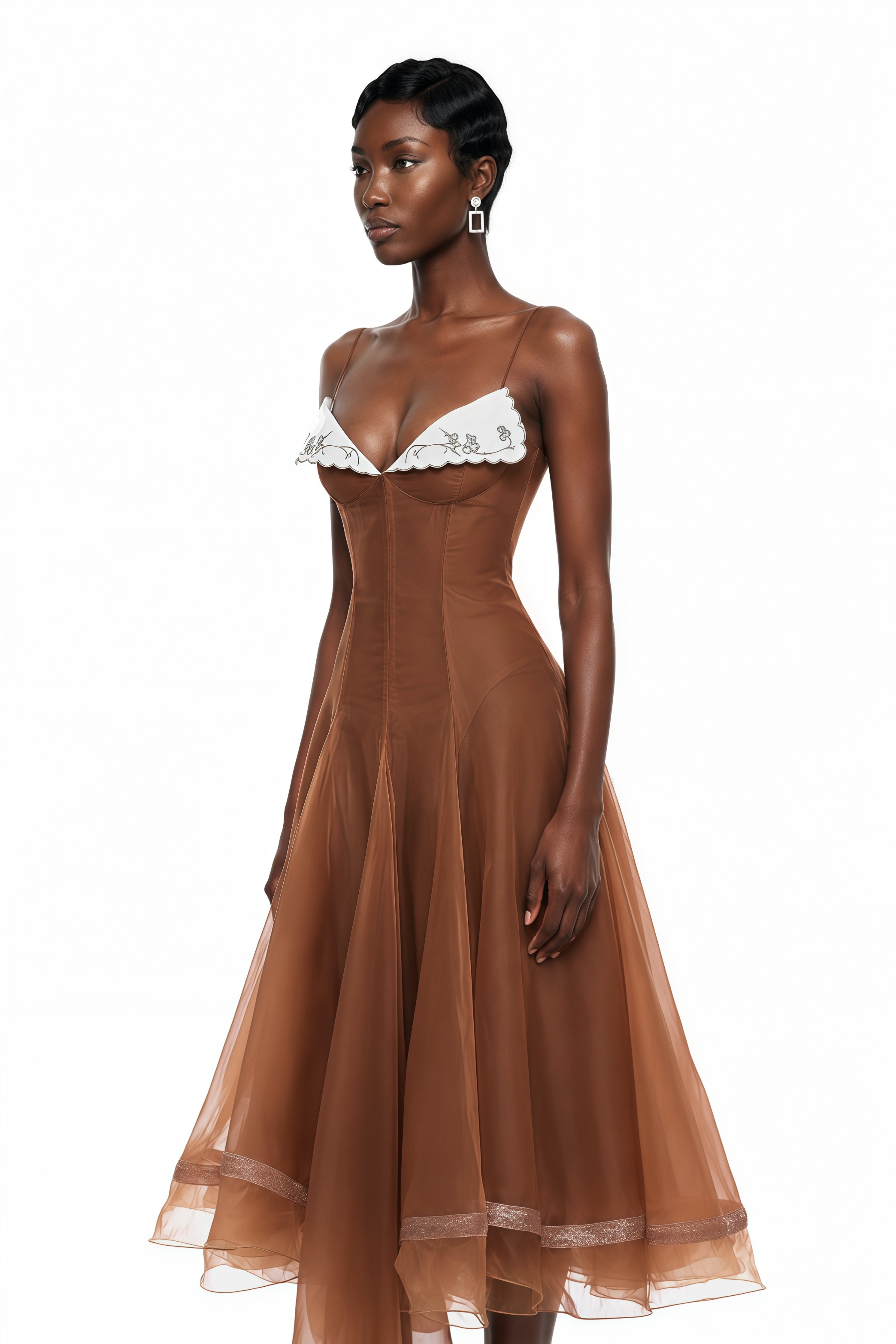 Brown spaghetti-strap midi dress with white trim and a flared sheer skirt
