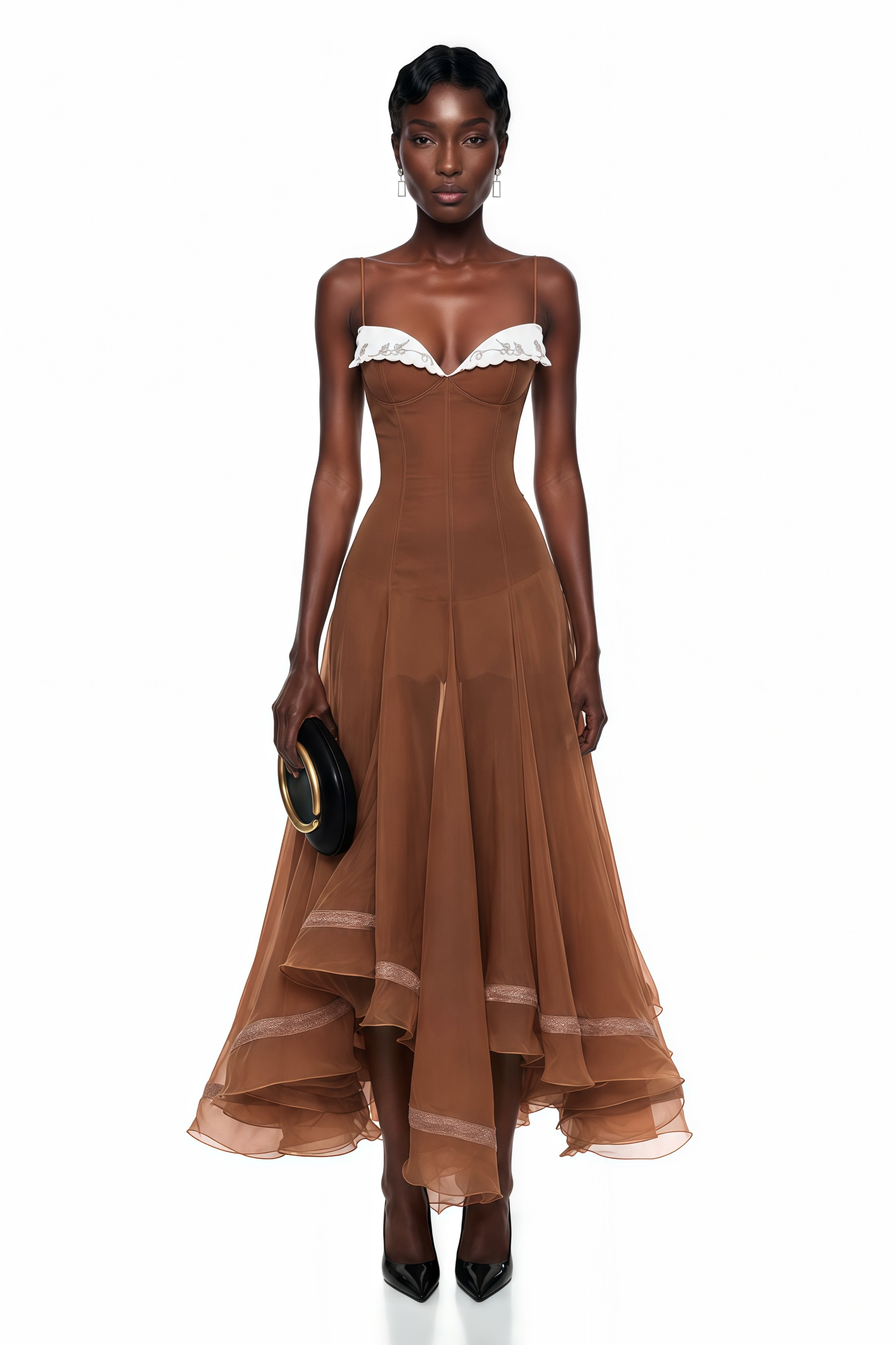 Brown spaghetti-strap midi dress with white trim and a flared sheer skirt