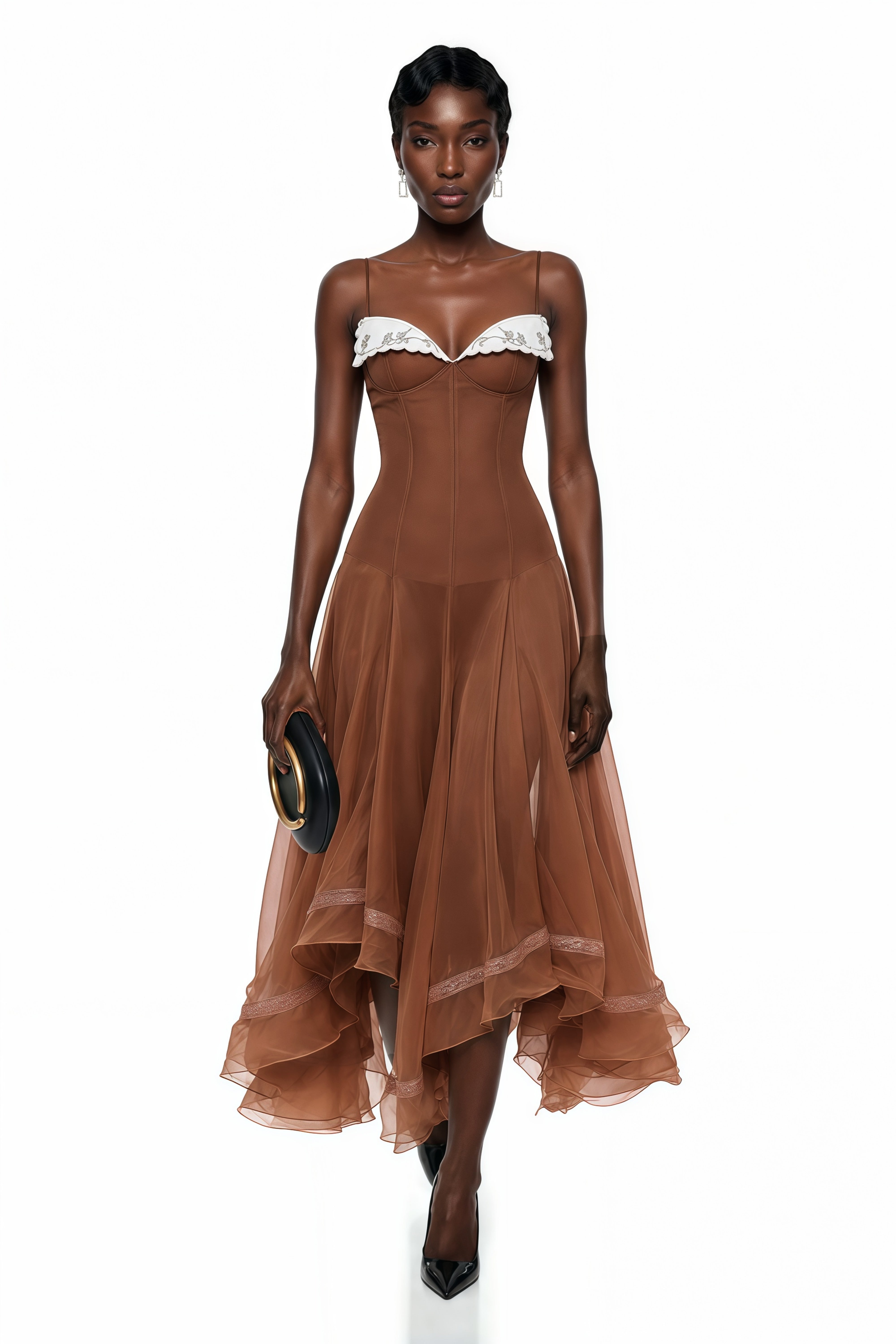 Brown spaghetti-strap midi dress with white trim and a flared sheer skirt