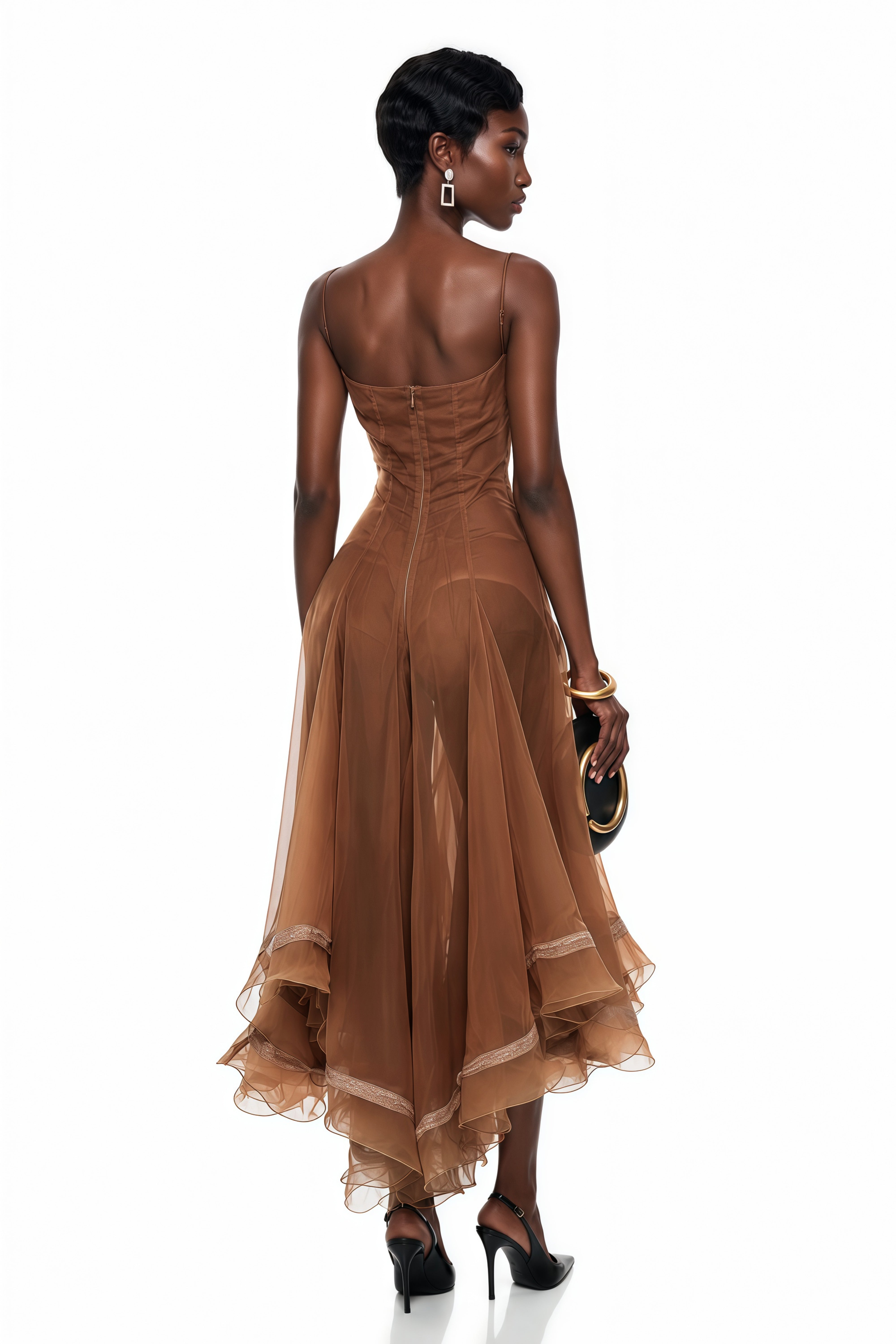 Brown spaghetti-strap midi dress with white trim and a flared sheer skirt