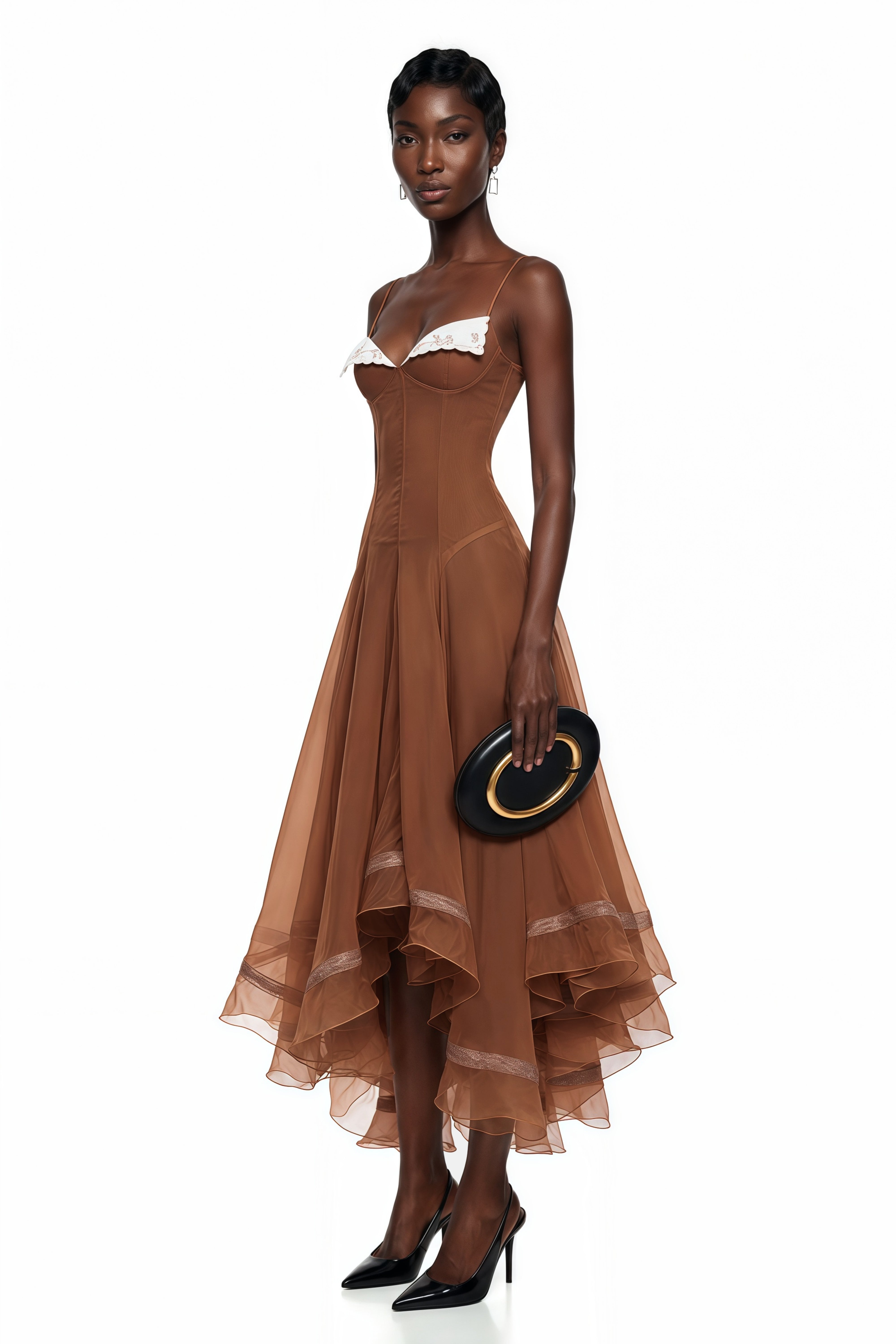 Brown spaghetti-strap midi dress with white trim and a flared sheer skirt