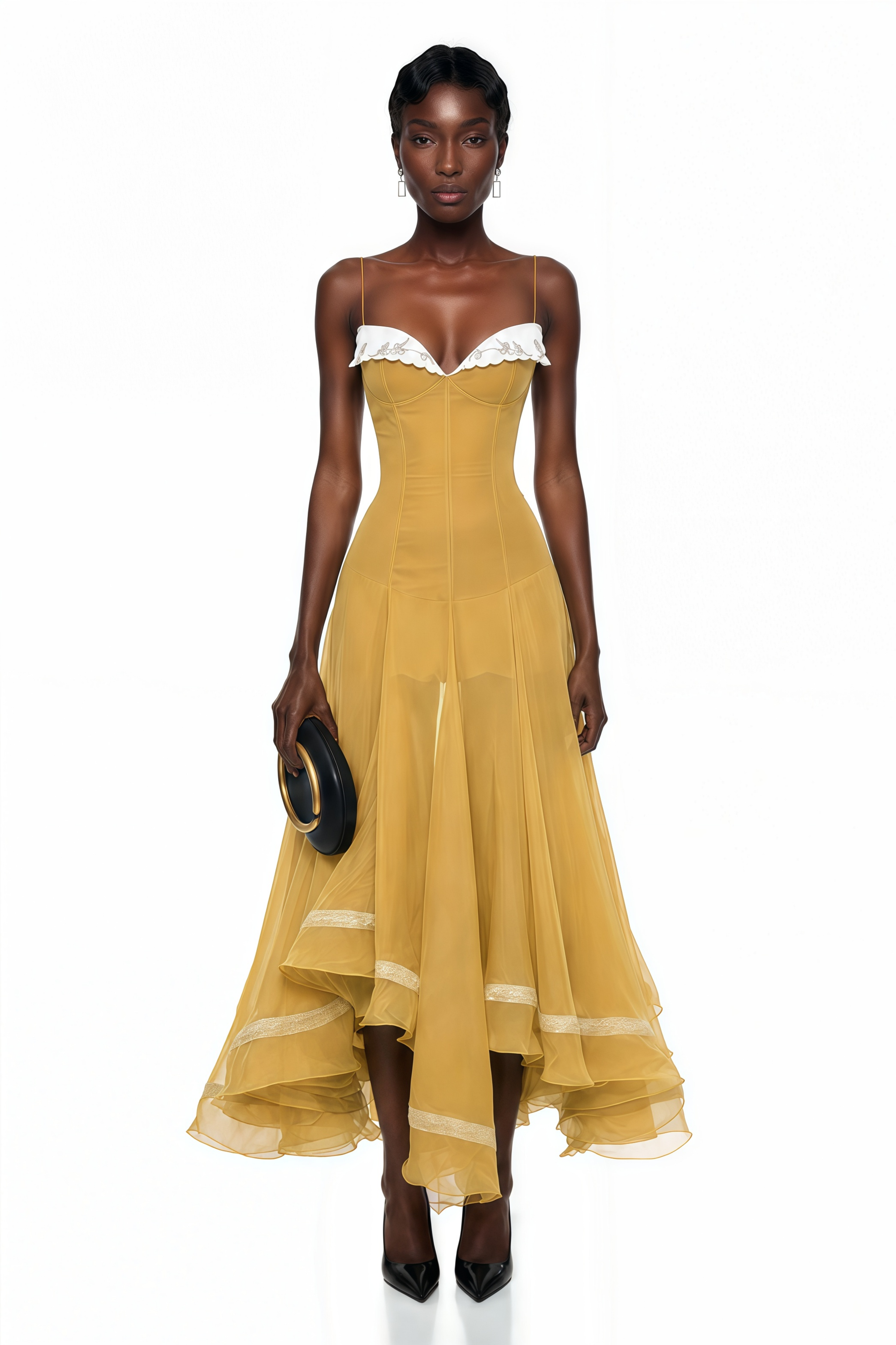 Mustard yellow midi dress with a white sweetheart neckline