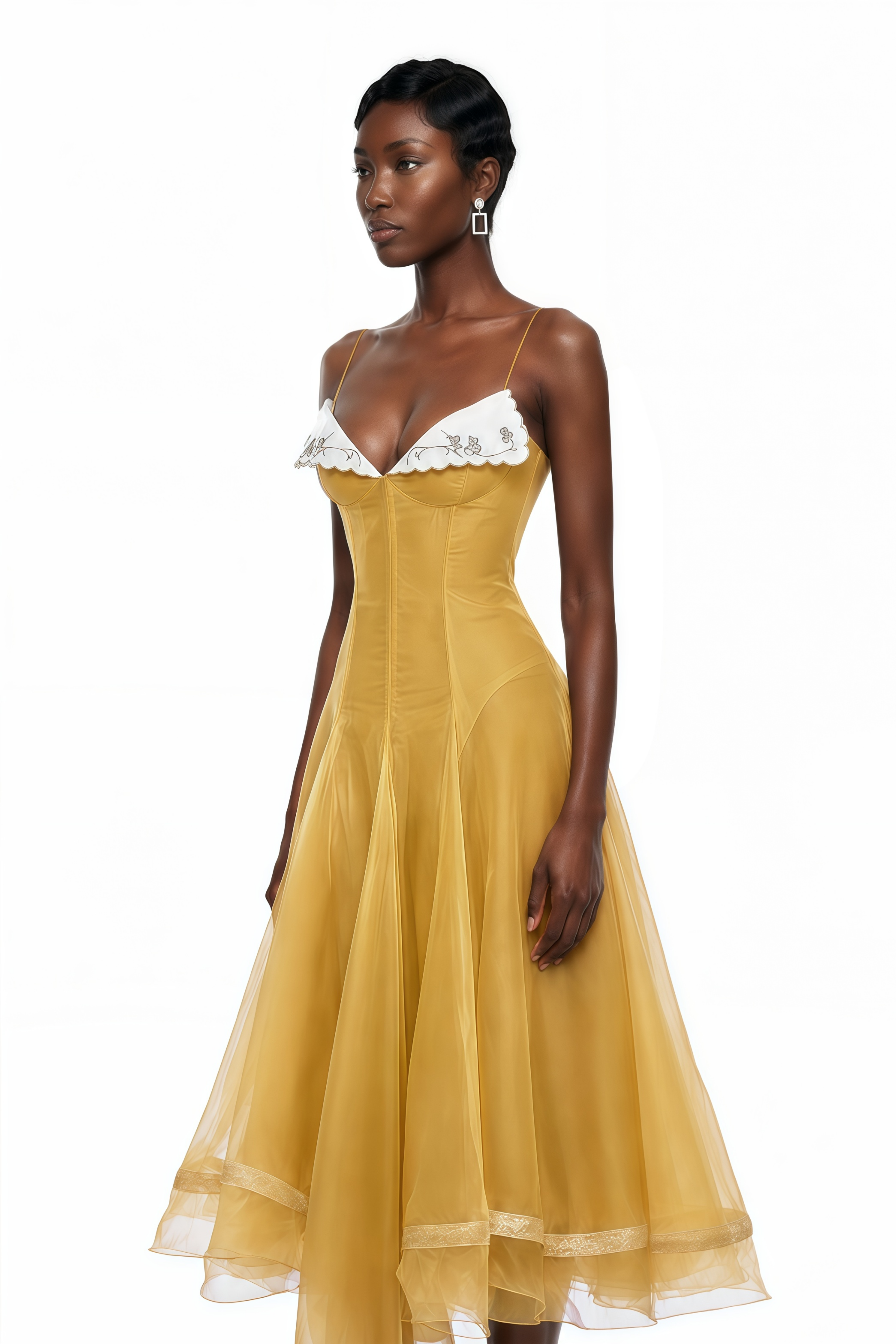 Mustard yellow midi dress with a white sweetheart neckline